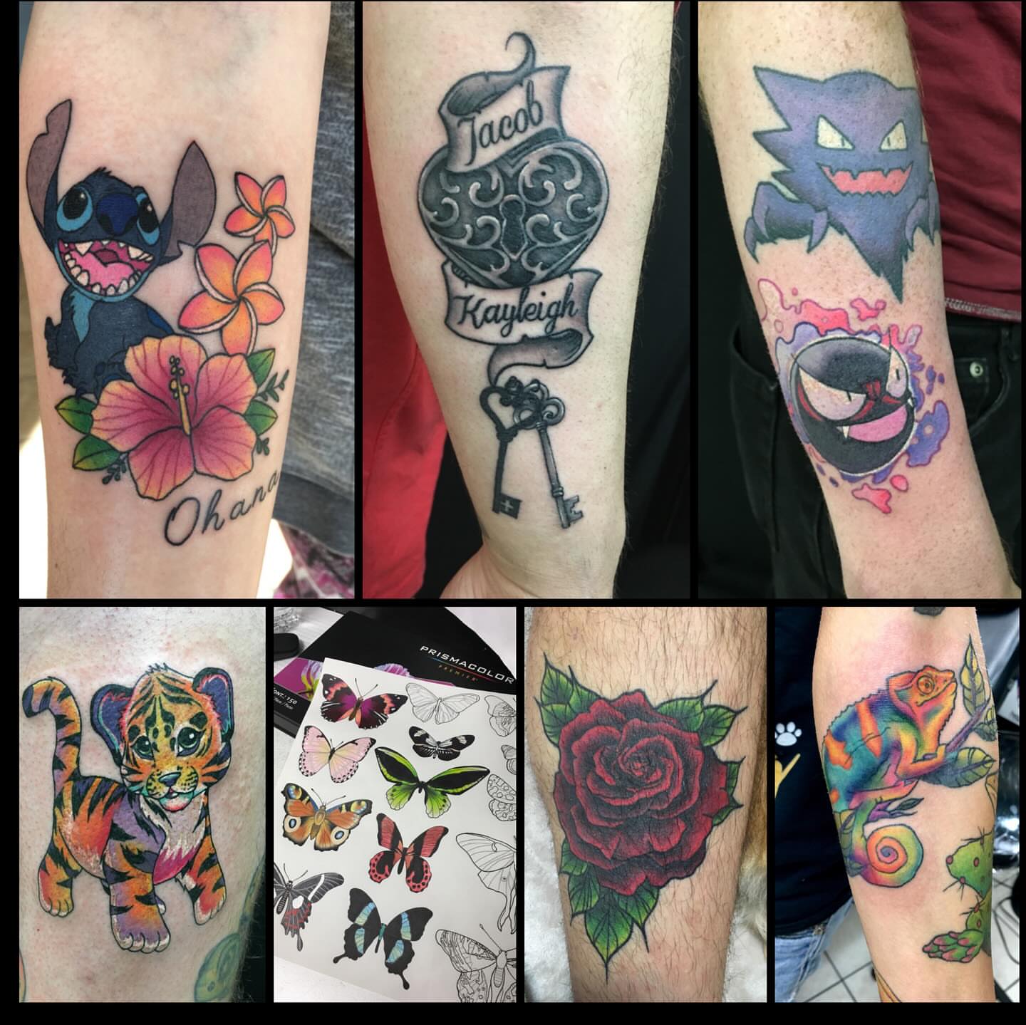 Stitch with flowers watercolor tattoo on the forearm by Hannah Casadonti