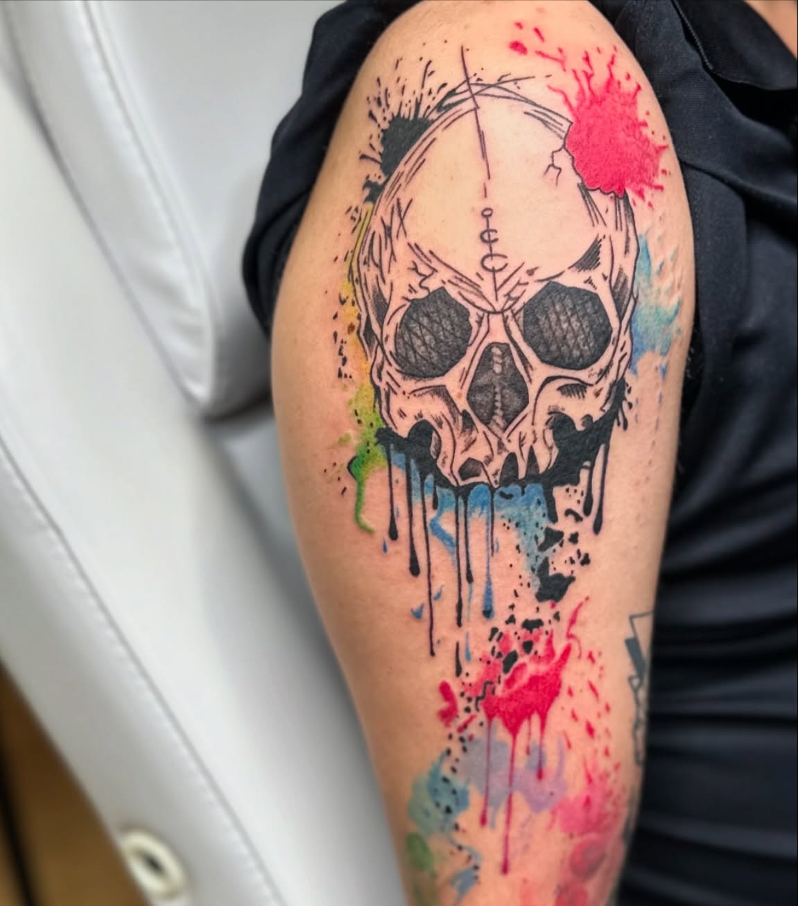Skull watercolor tattoo on the shoulder by Roxanne Ochoa