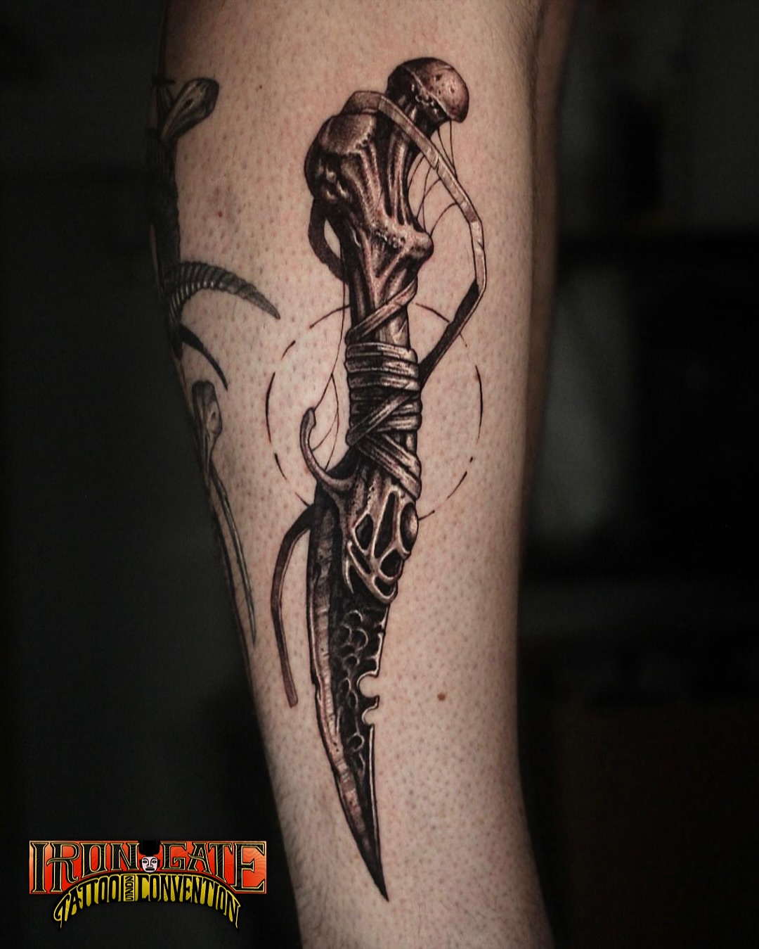Knife with wrapped handle realism tattoo on the forearm by H.black