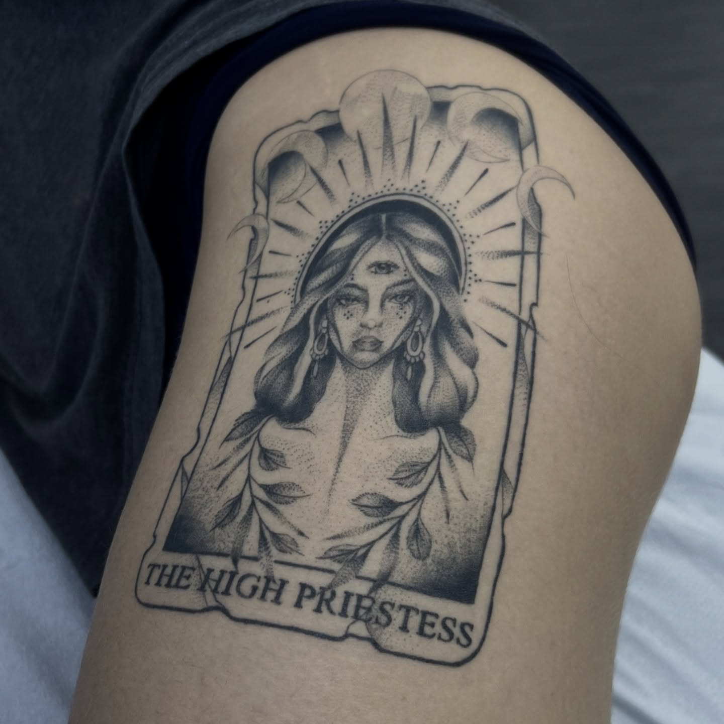 The high priestess dotwork tattoo on the thigh by Chloe