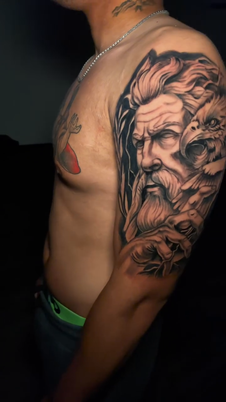 Greek mythological figures and an eagle realism tattoo by Lucky Lefty