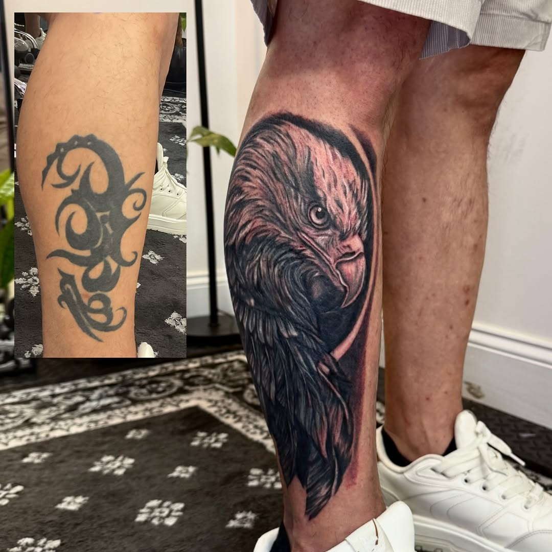 Eagle portrait surrealism tattoo on the calf by Ivy lee
