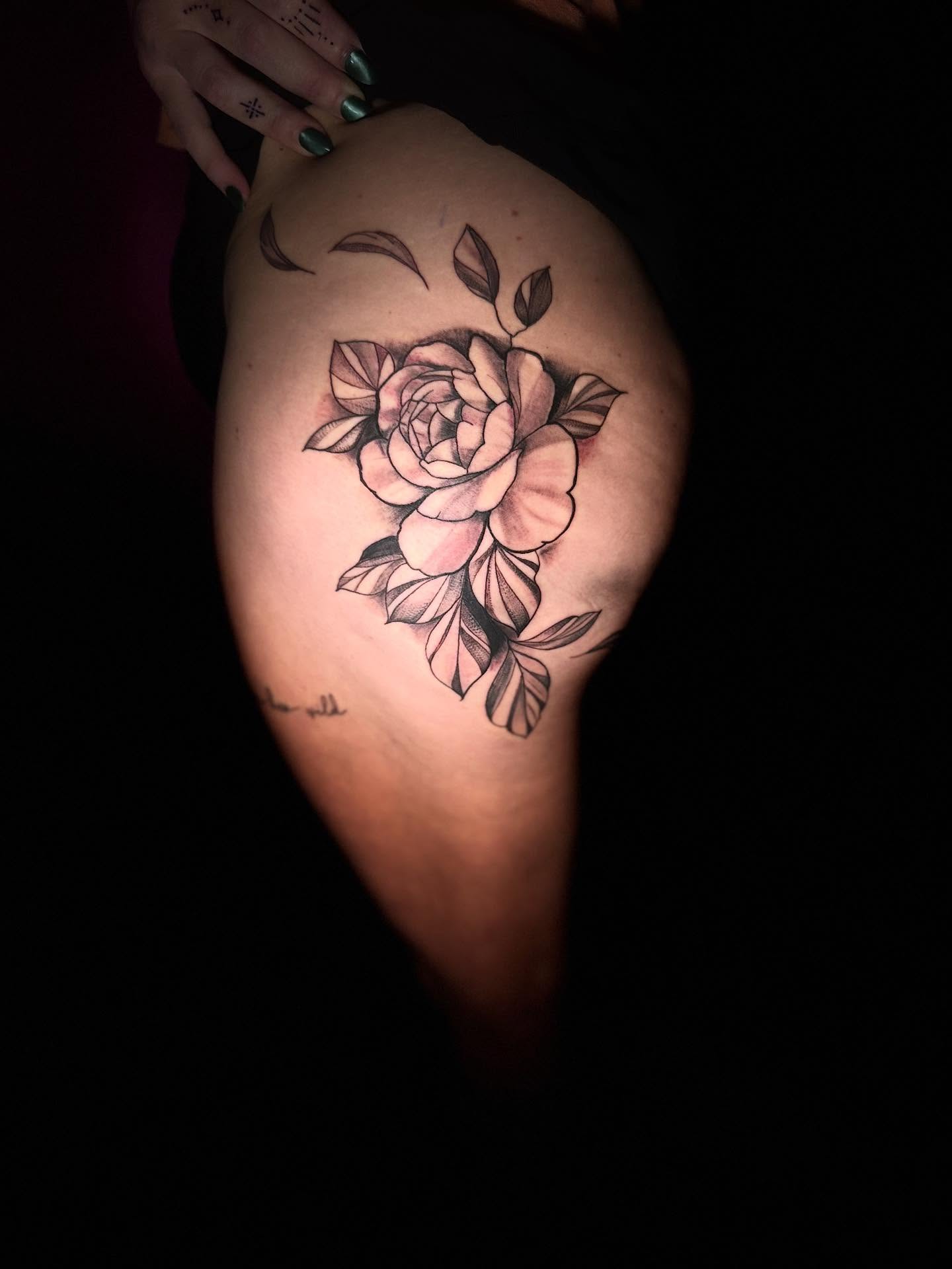 Rose black and grey tattoo on the shoulder by Nicholas A. Estes-Davis