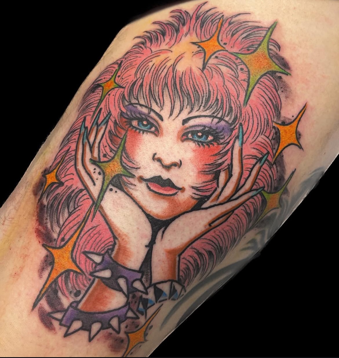 Woman with spiky hair American traditional tattoo on the forearm by Mike Wilson