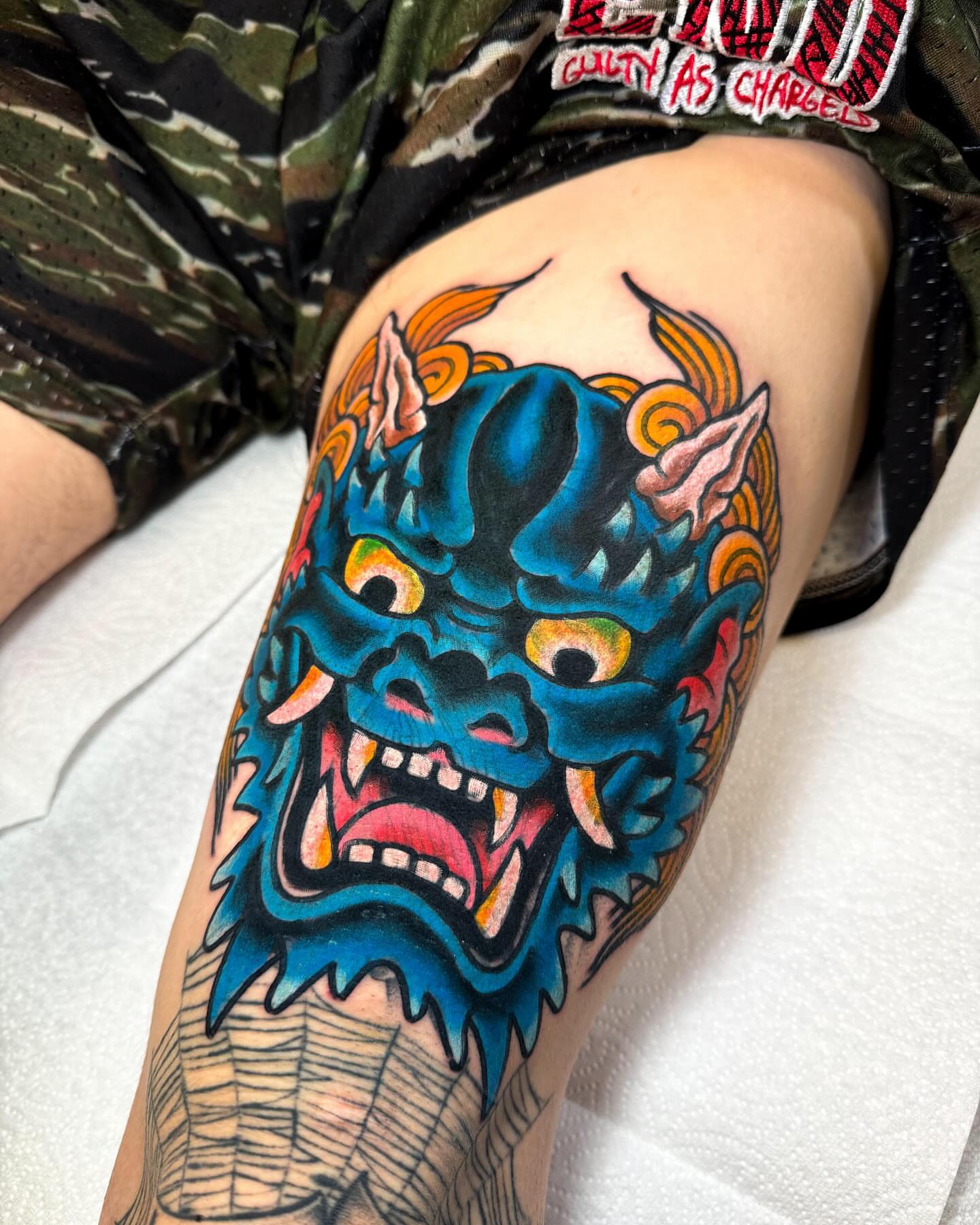 Demon mask American traditional tattoo on the thigh by Alex Kass 🥩 San Antonio TX, San Antonio, Texas