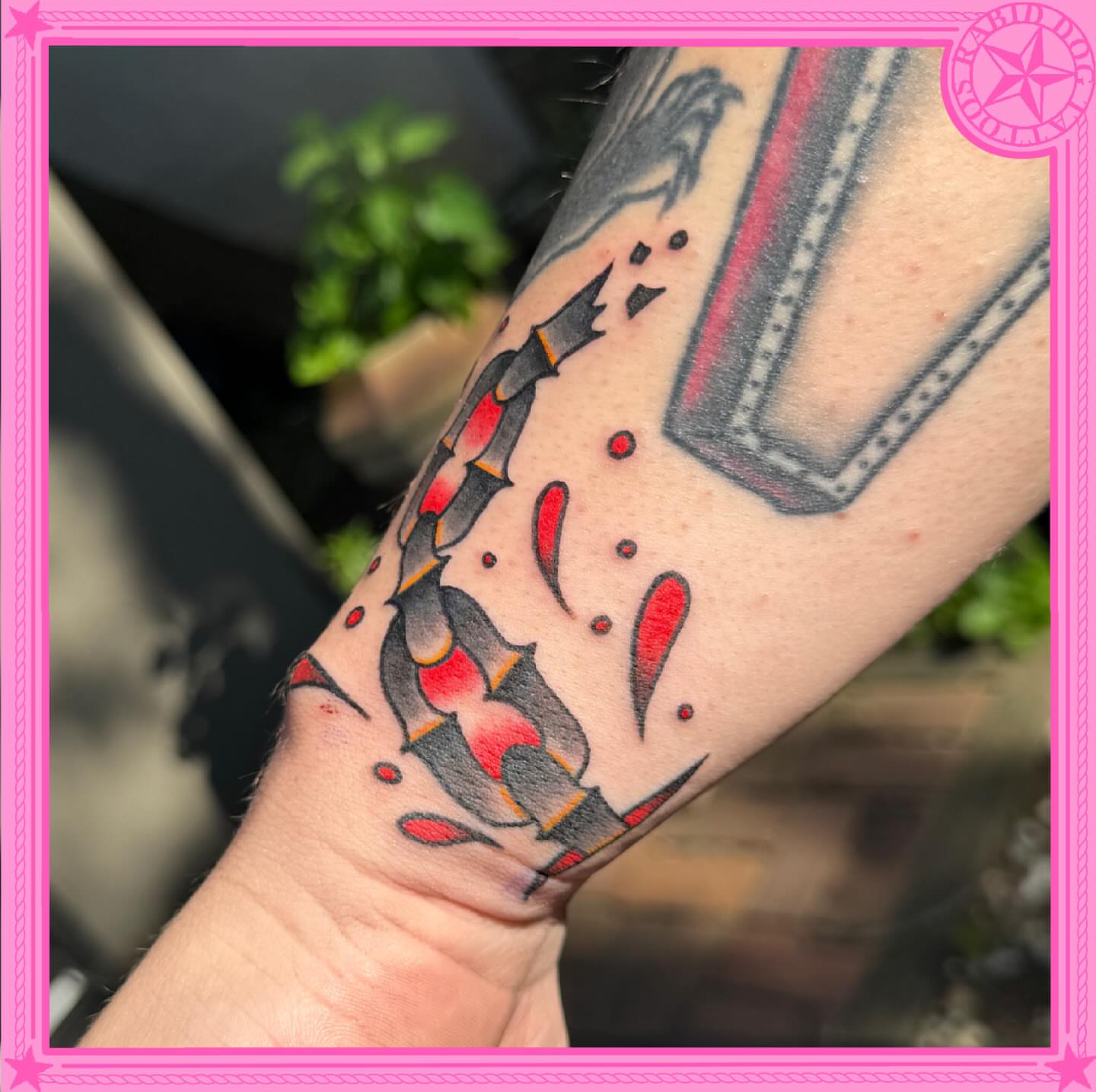 Abstract geometric shapes American traditional tattoo on the forearm by 𝕷𝖊𝖝𝖎 𝕽𝖚𝖓𝖞𝖔𝖓