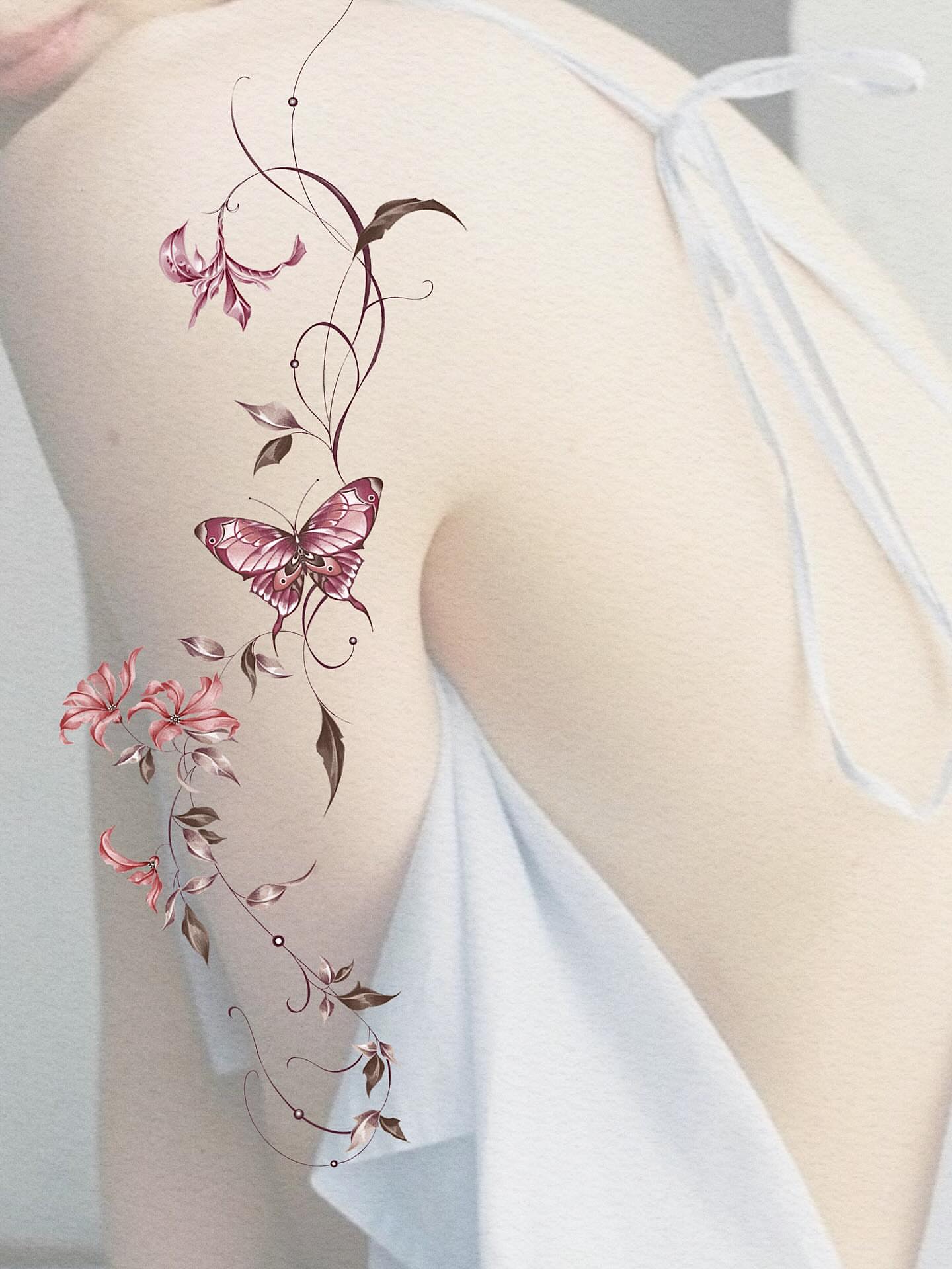 Butterfly and flowers fine line tattoo on the shoulder by 애박 ⋆⁺₊ ₊⁺⋆ Aebak