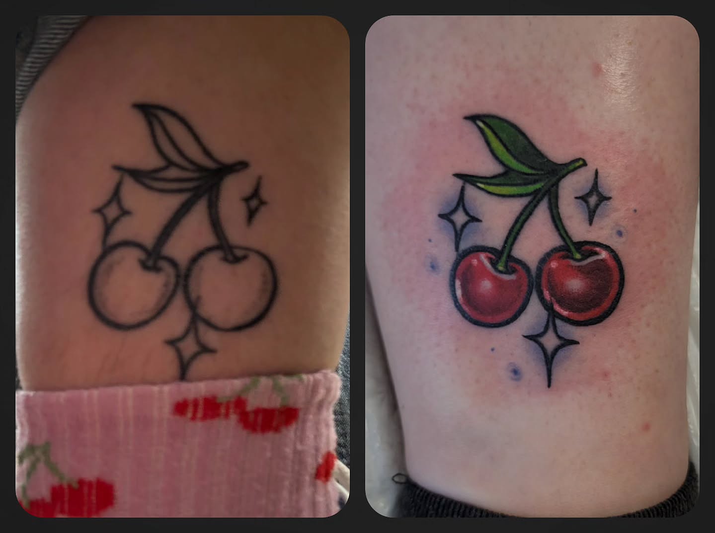 Cherries American traditional tattoo on the upper arm by Lizz Zonno, Naperville, Illinois