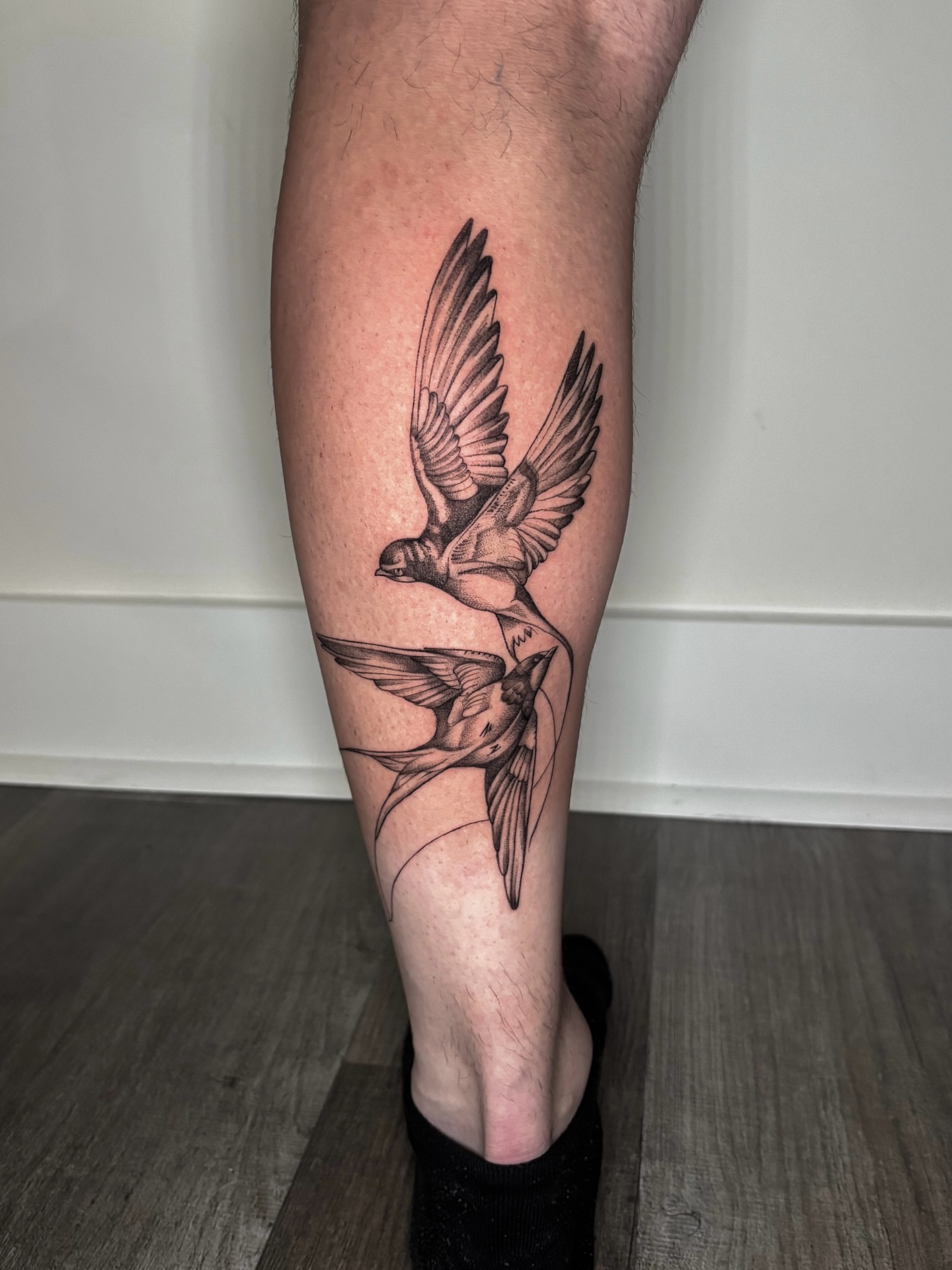 Birds realism tattoo on the calf by 🇰🇷jijitattoo 🇺🇸