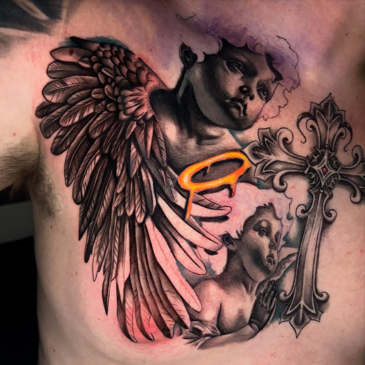 Angelic figure American traditional tattoo on the chest by TattooCrazy🎭