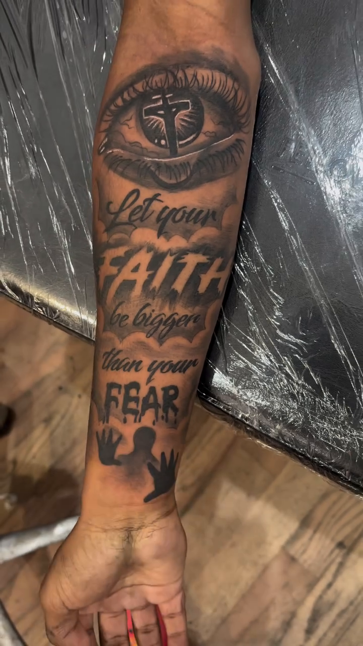 Tattoo by @teeski_ink — black_and_grey, lettering_script