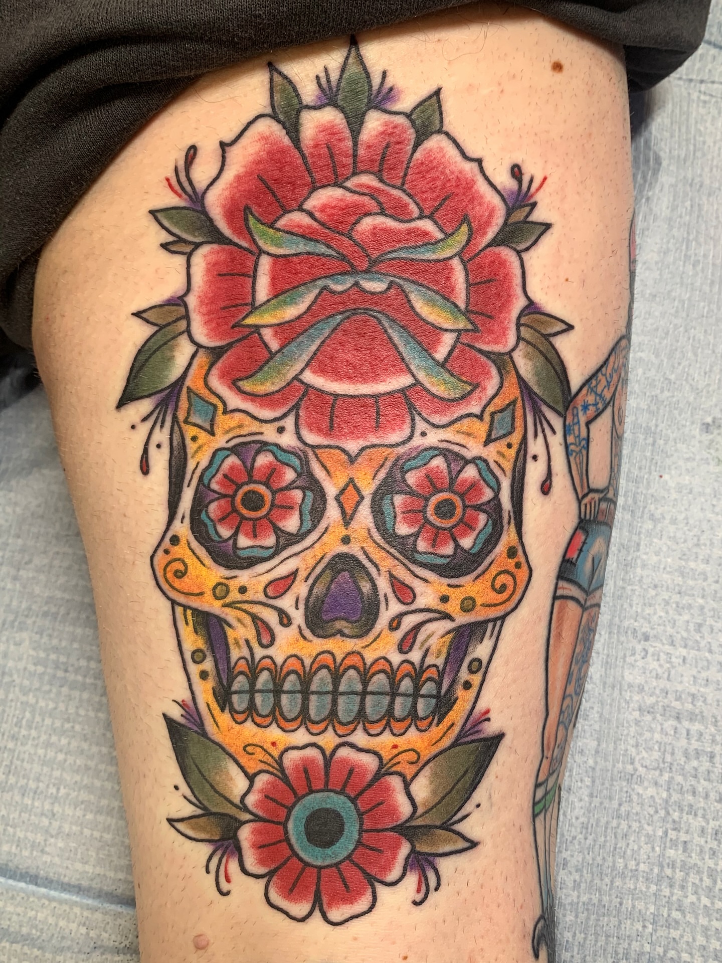Sugar skull with flowers American traditional tattoo on the thigh by ✞ Keath Supsic ✞