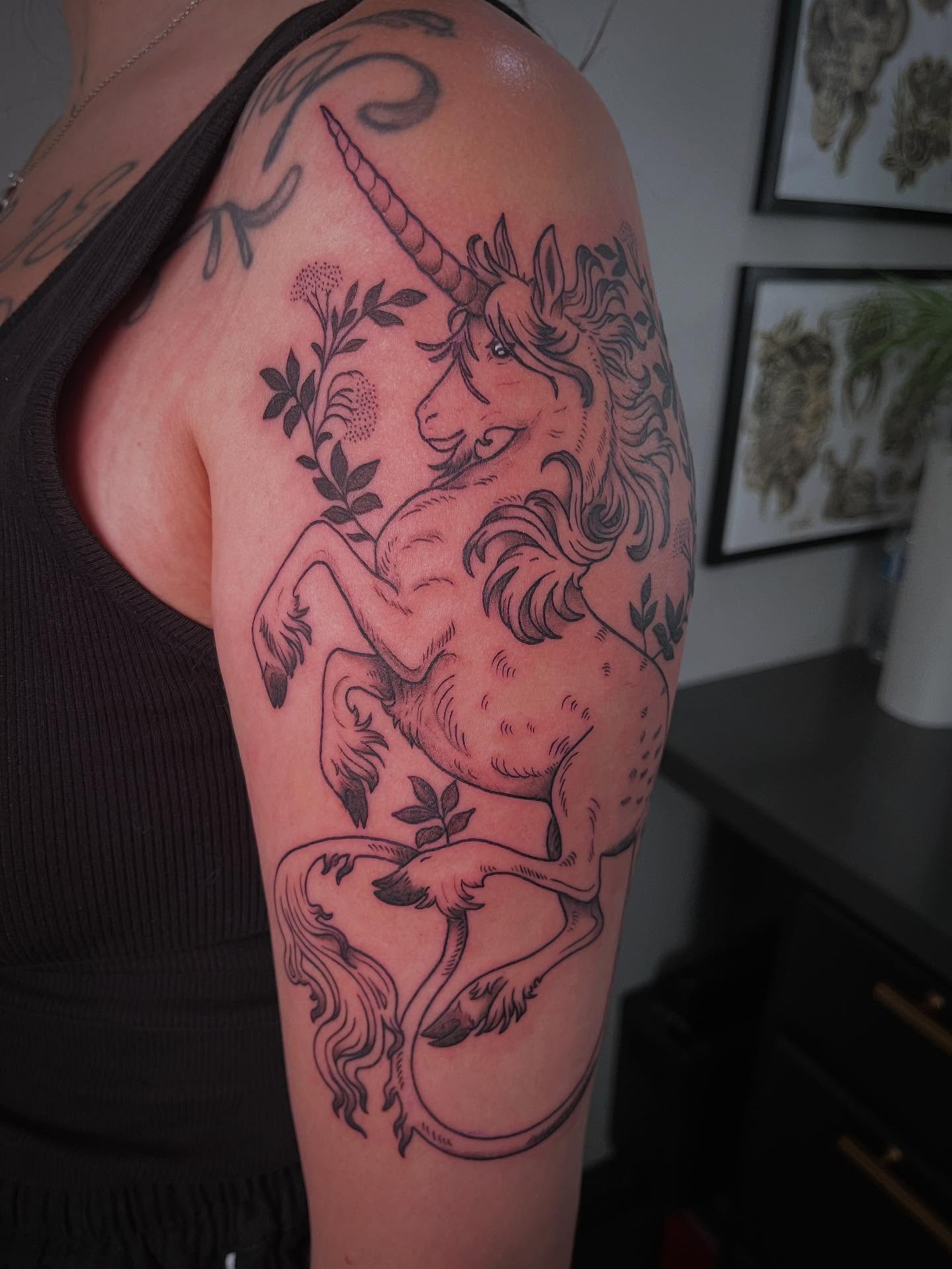 Unicorn realism tattoo on the shoulder by Peach ๐, Portland, Oregon