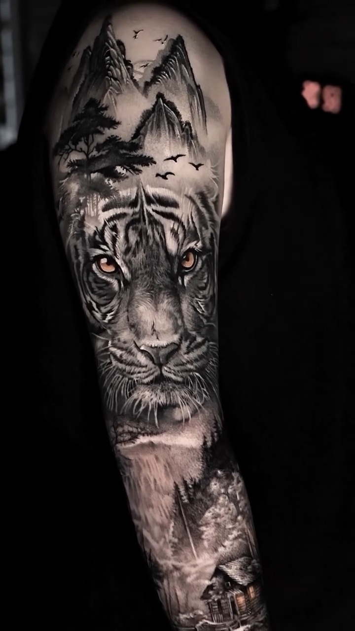 Tiger with landscape realism tattoo by D A N N y L I N