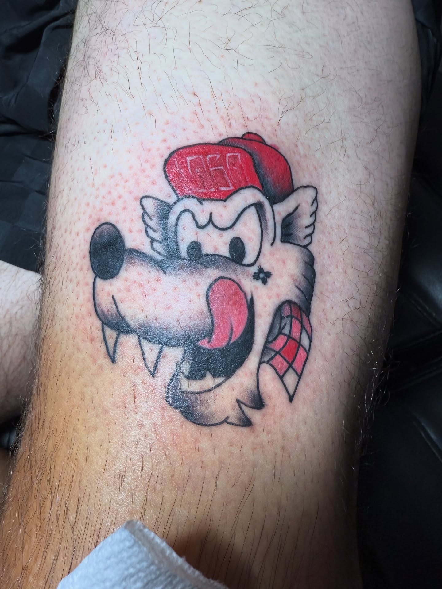 Wolfgang the wolf American traditional tattoo on the forearm by @ryanpereztattoo