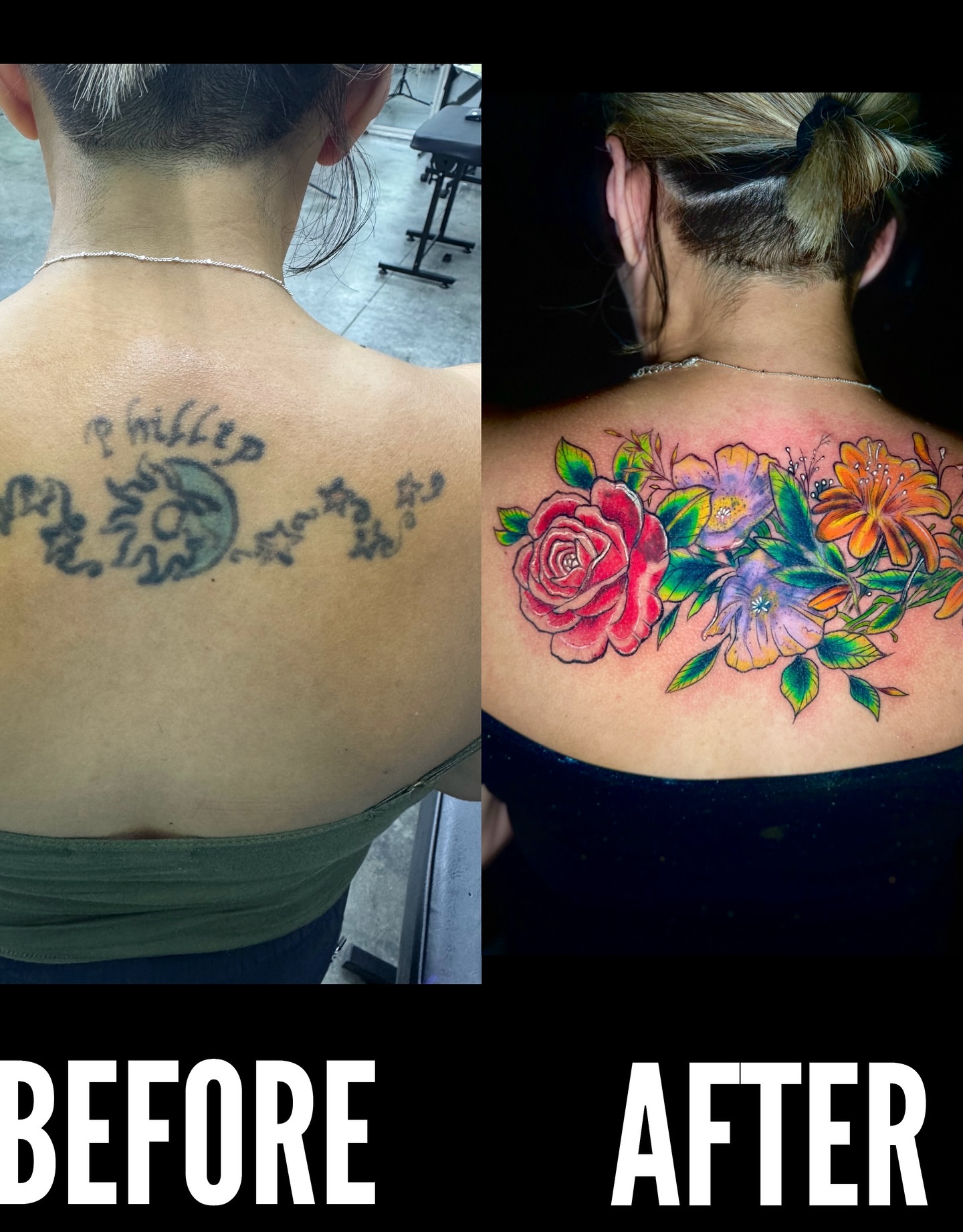 Floral bouquet new school tattoo on the back by Kevin A. Salinas ๐จ๐ด, Houston, Texas