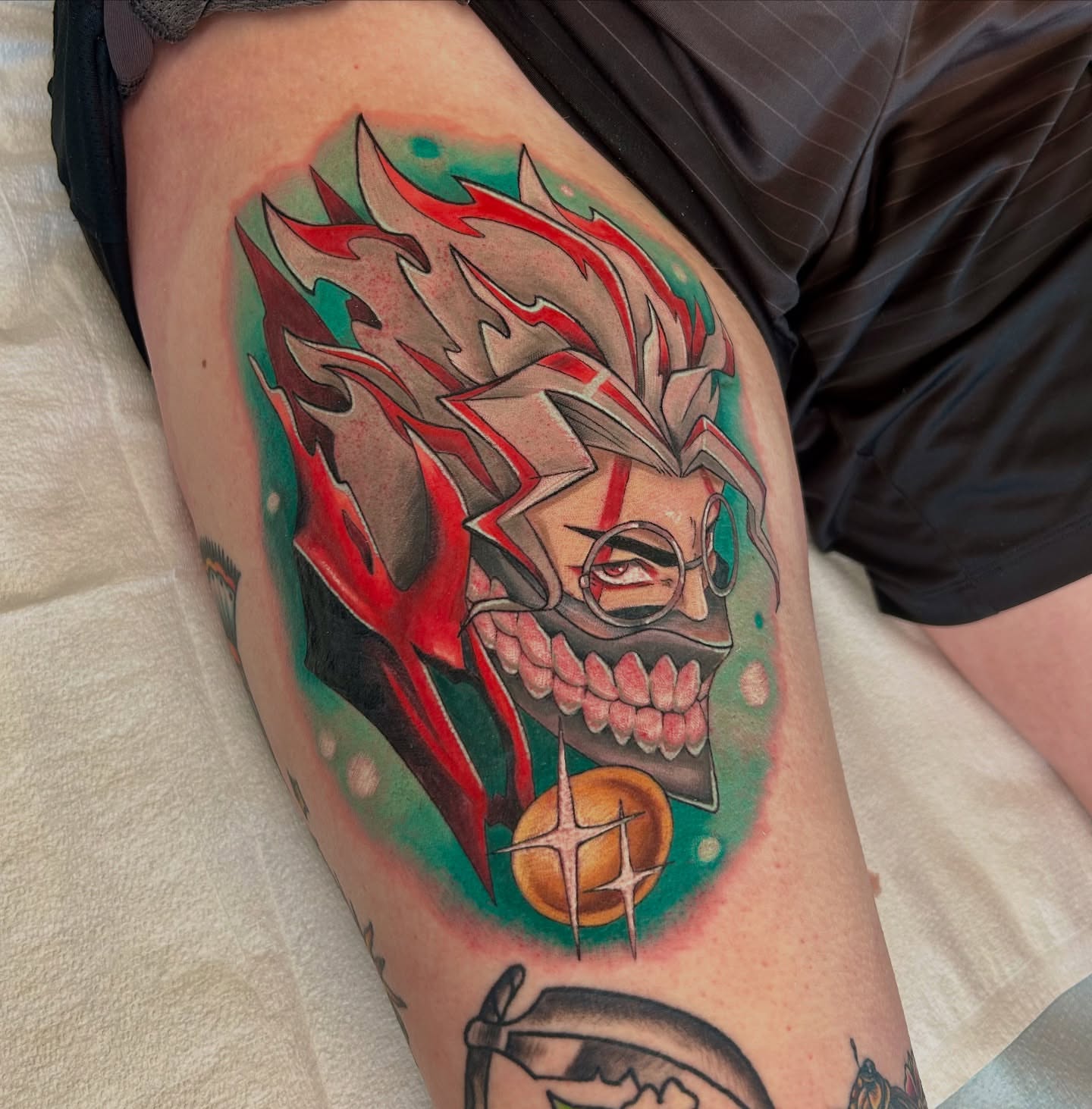 Anime character anime tattoo on the thigh by Kim Goff - Special K