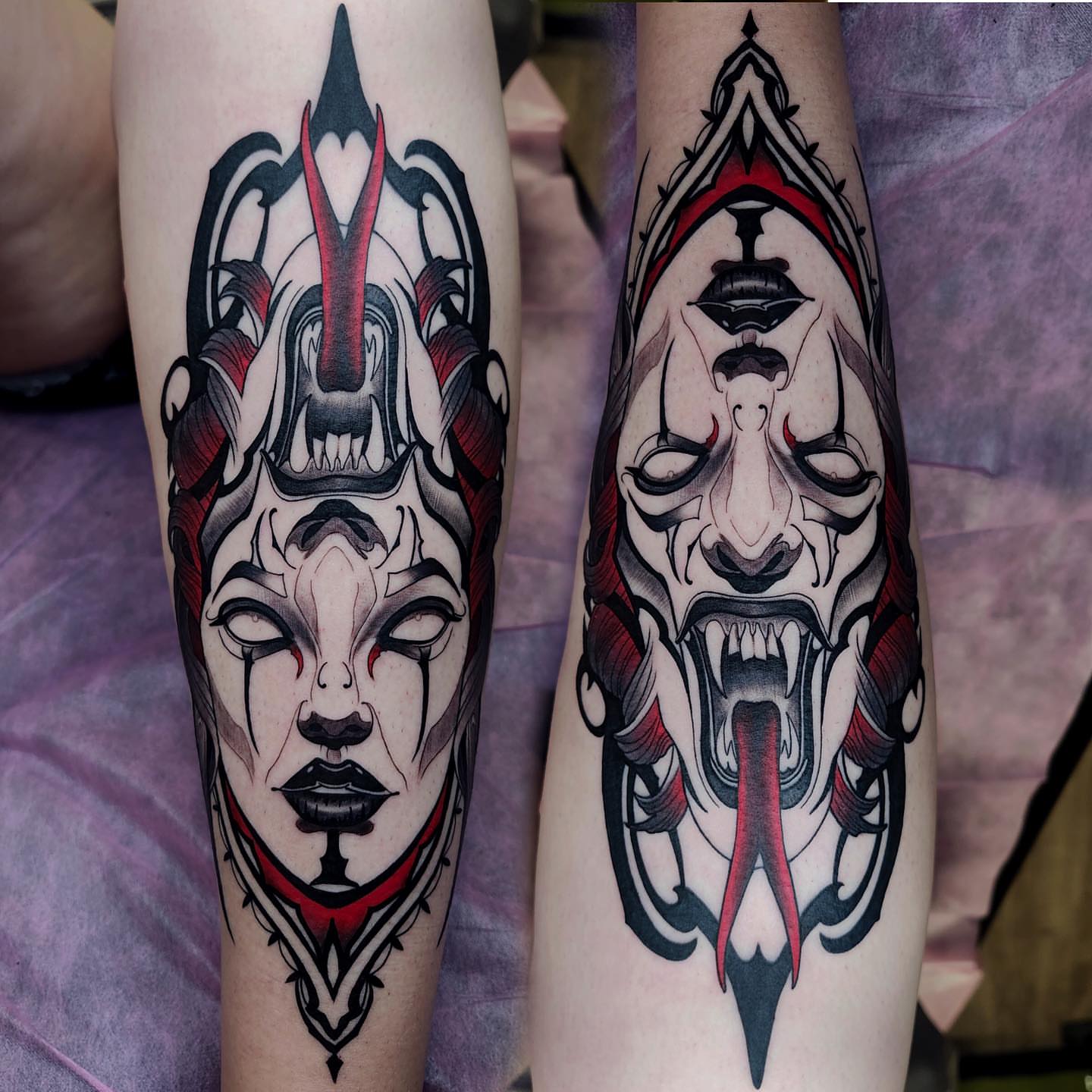 Demon face dark realism tattoo on the forearm by Rick Rayne