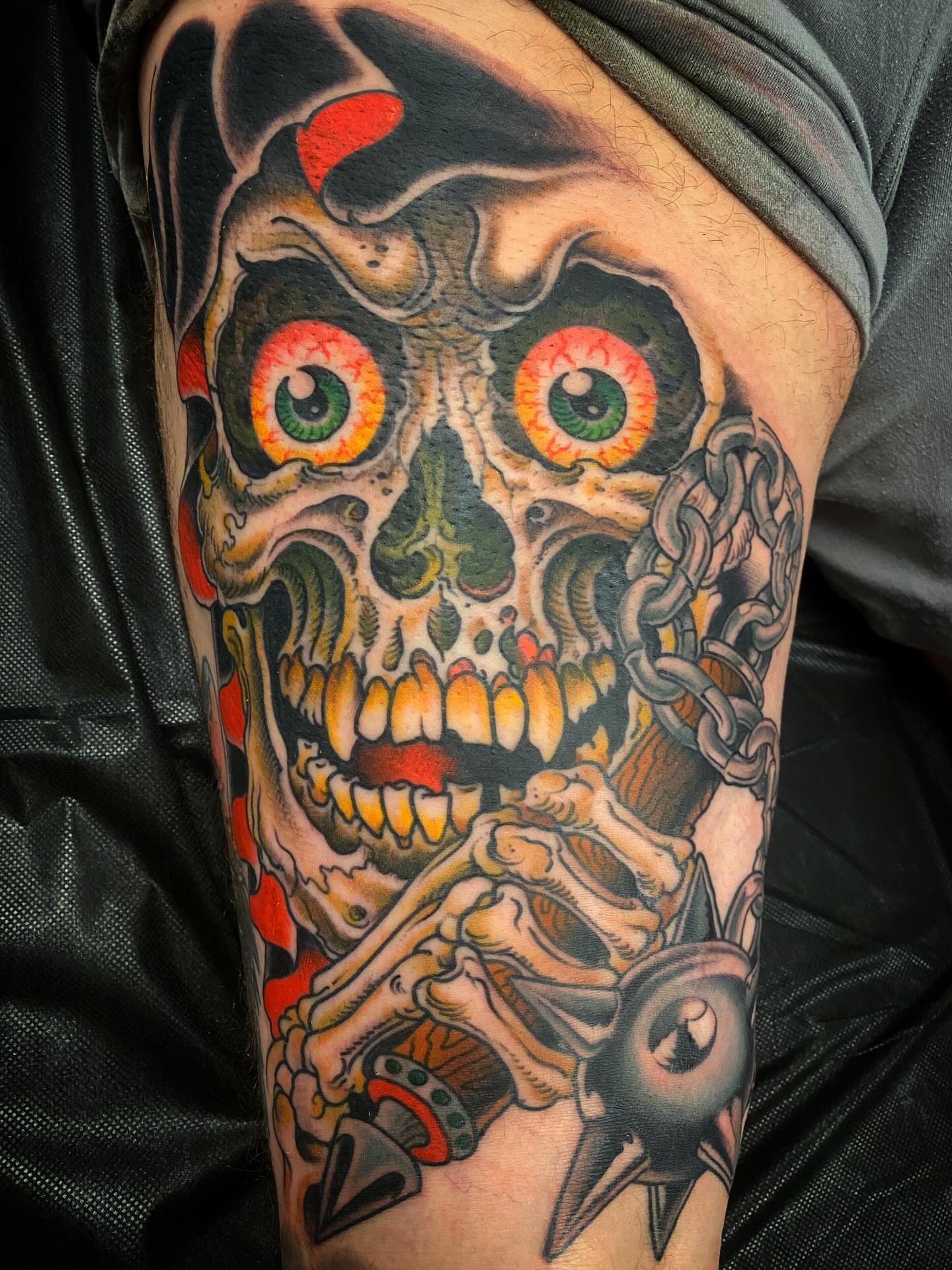 Skull American traditional tattoo on the forearm by Adam Warmerdam, Los Angeles, California