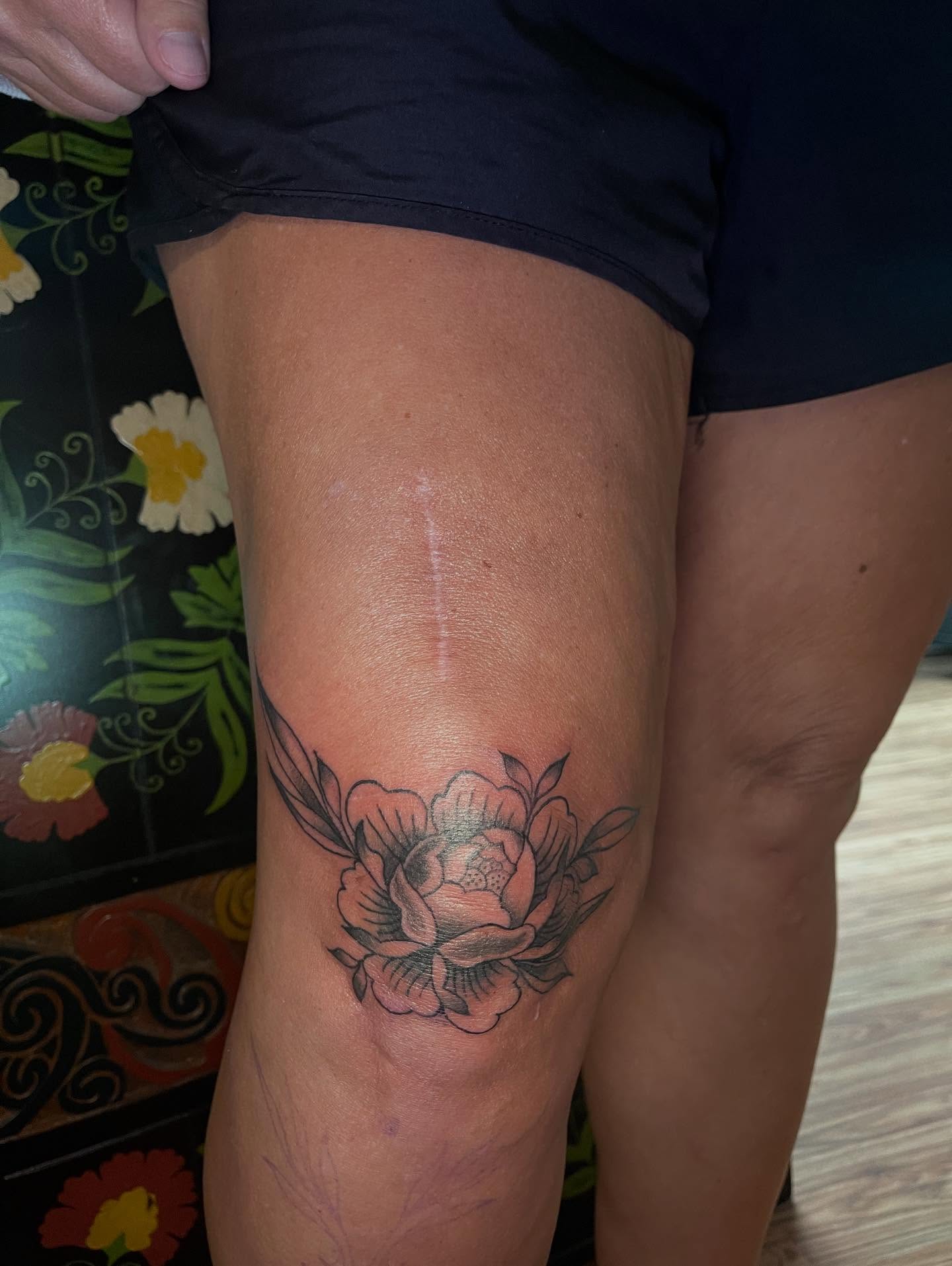 Peony flower black and grey tattoo on the thigh by J❄️, Portland, Oregon