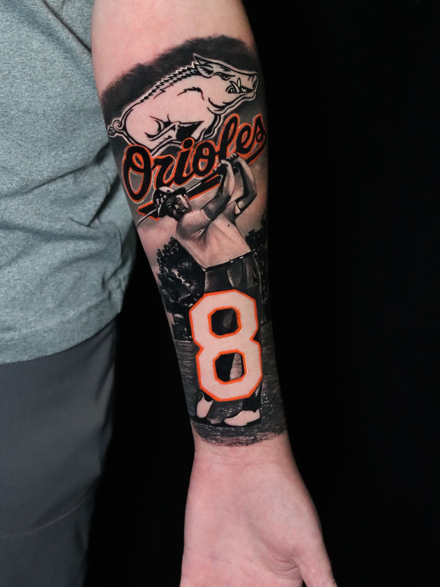 Orioles baseball player American traditional tattoo on the forearm by Insight Ink Tattoo