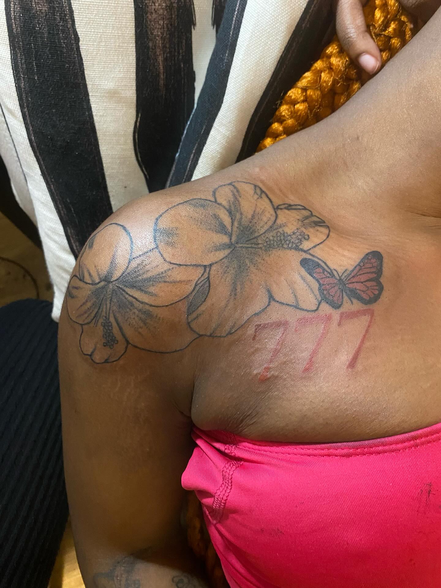 Flowers and butterfly black and grey tattoo on the shoulder by Dm To Book ๐, Charlotte, North Carolina