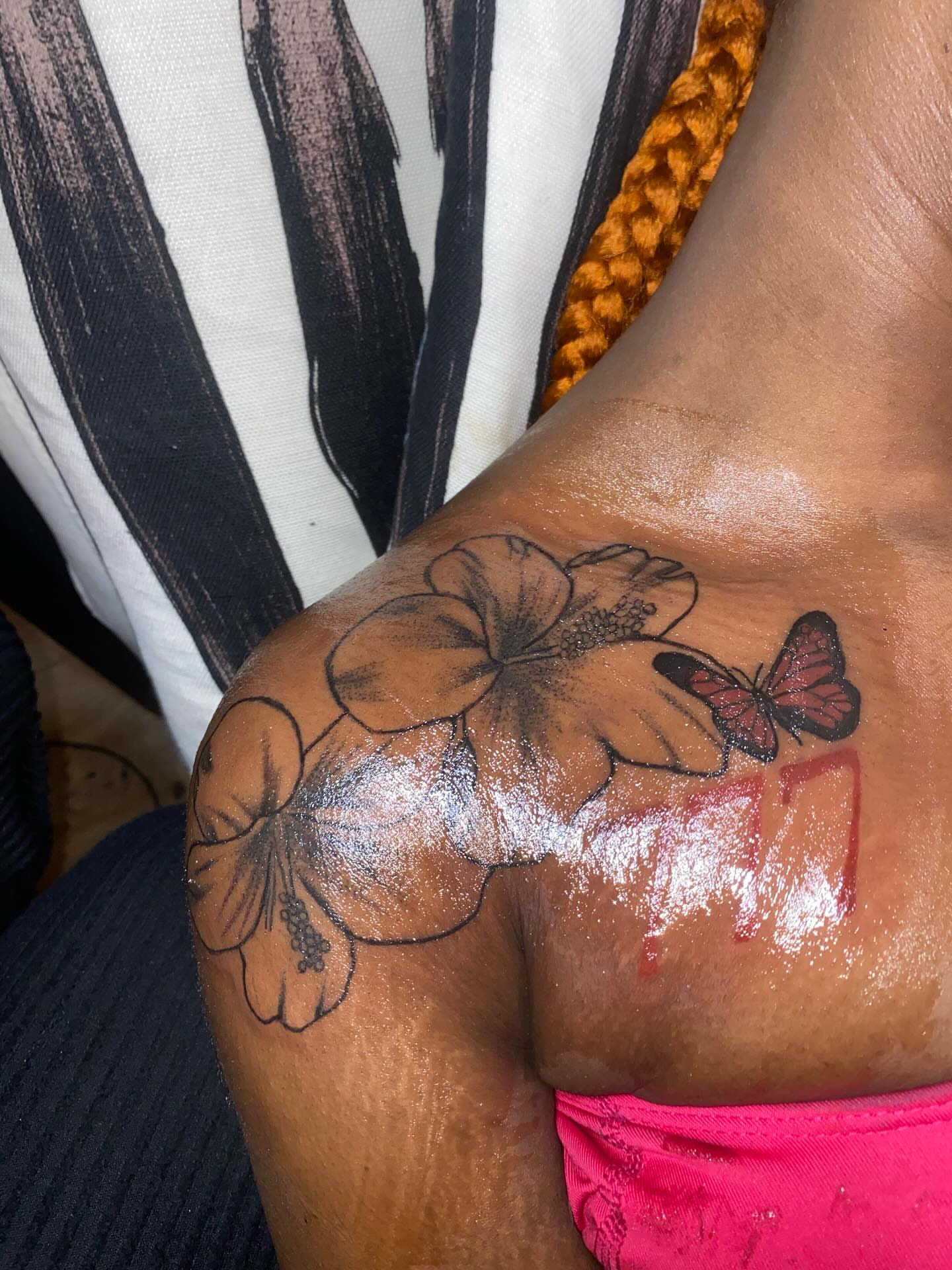 Hibiscus flower and butterfly black and grey tattoo on the shoulder by Dm To Book ๐, Charlotte, North Carolina