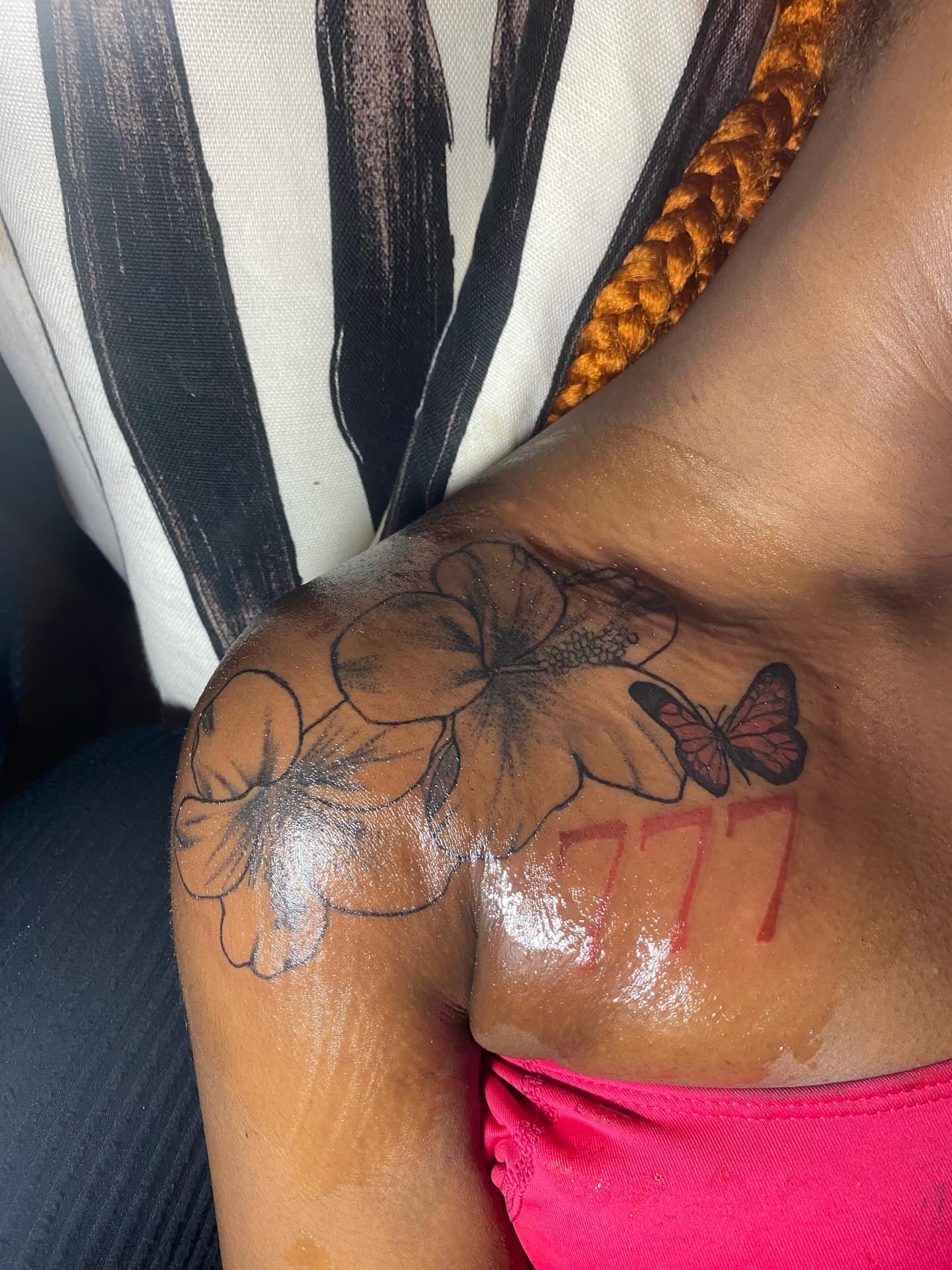 Flower and butterfly black and grey tattoo on the shoulder by Dm To Book ๐, Charlotte, North Carolina