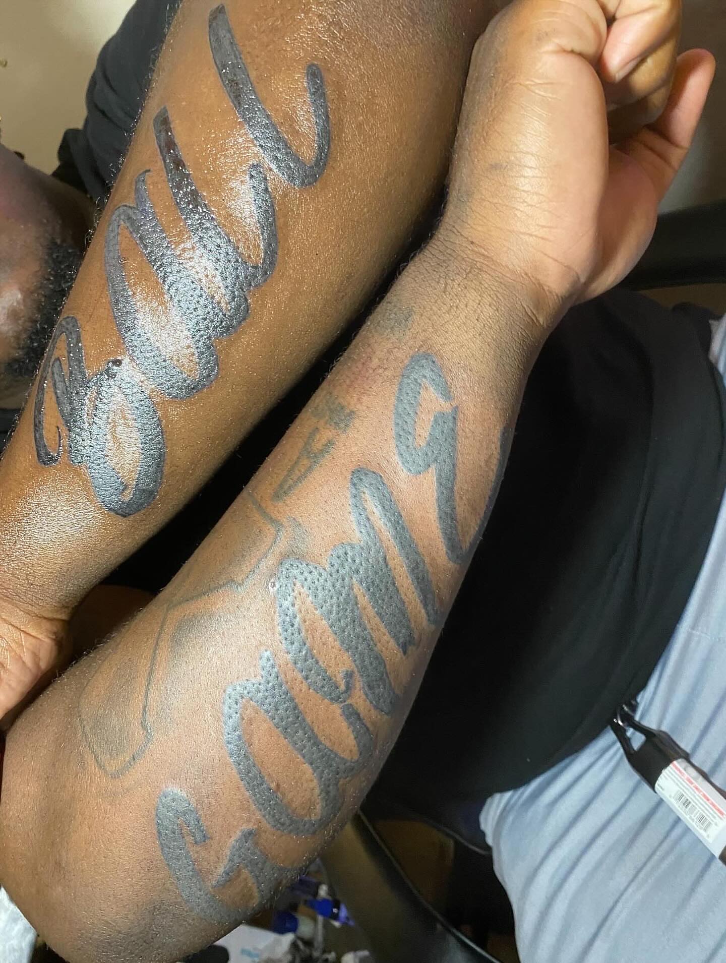 Script lettering lettering script tattoo on the forearm by Dm To Book ๐, Charlotte, North Carolina