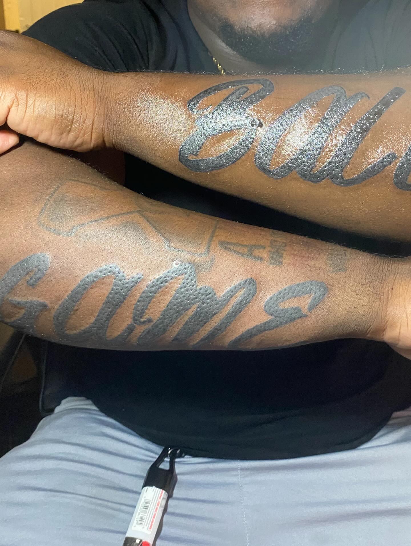 Script lettering lettering script tattoo on the upper arm by Dm To Book ๐, Charlotte, North Carolina