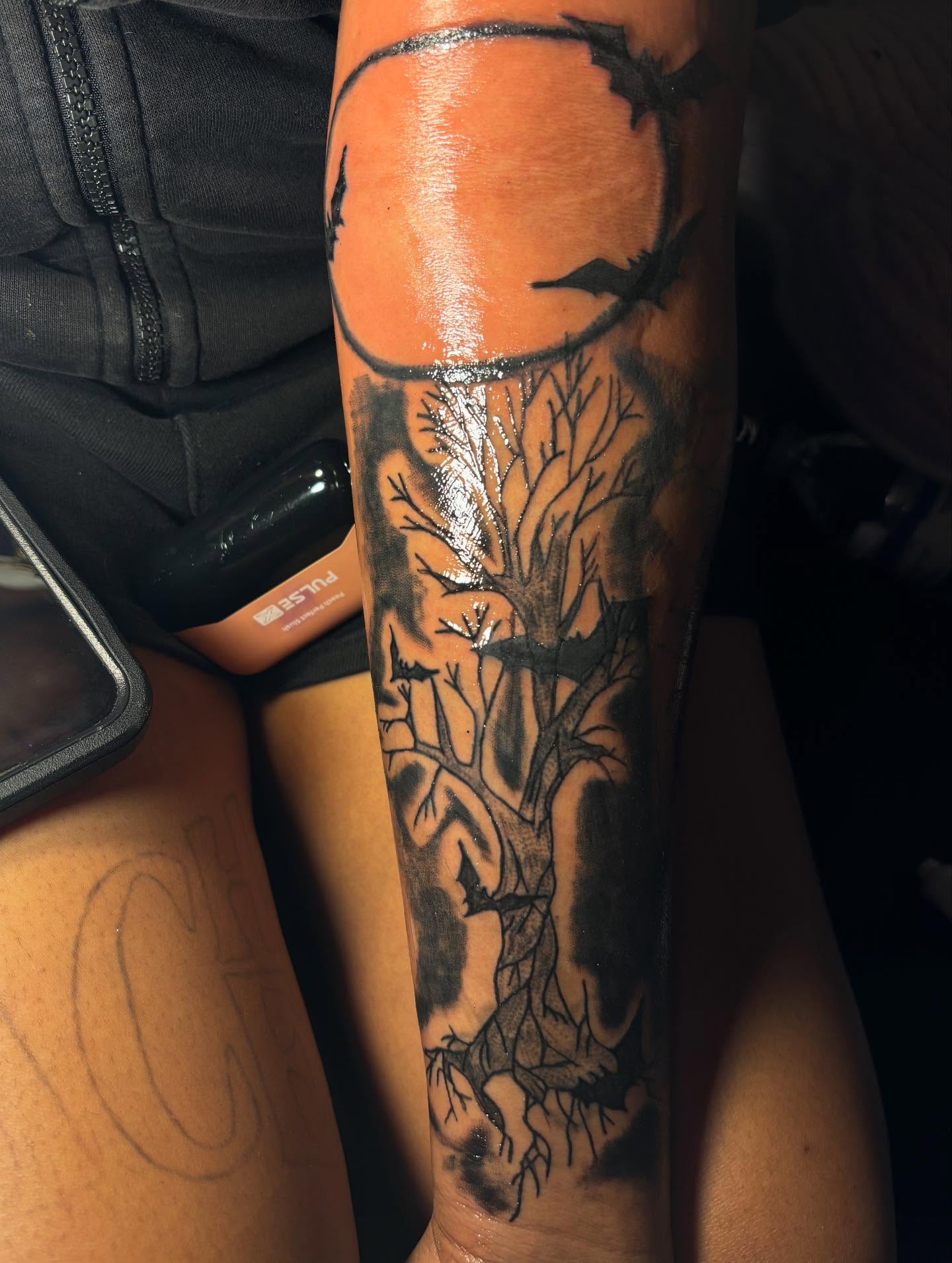 Tree black and grey tattoo on the forearm by Dm To Book ๐, Charlotte, North Carolina