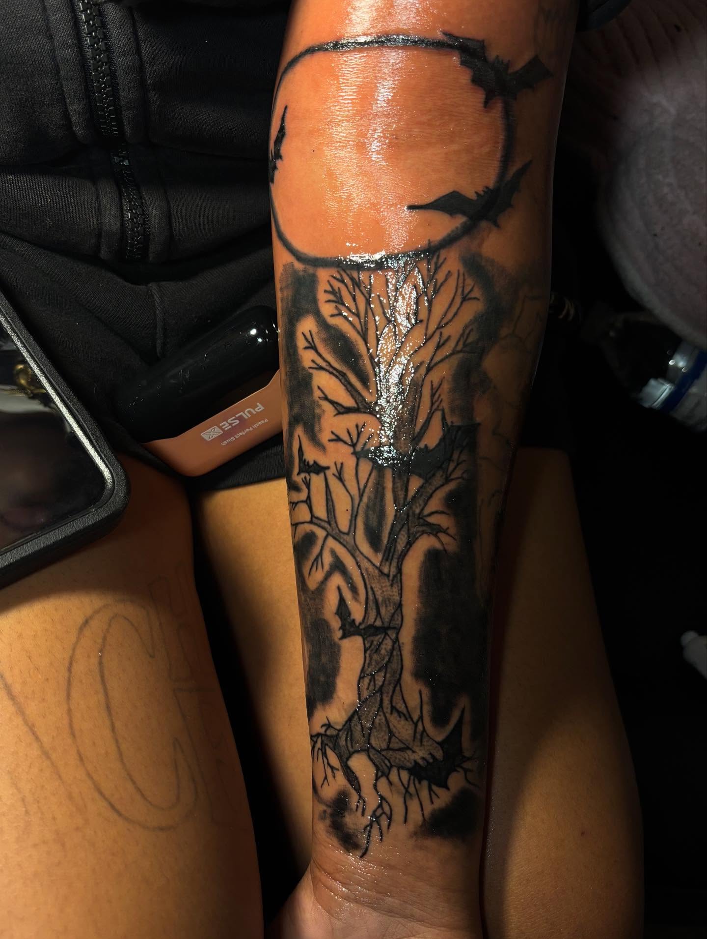 Tree black and grey tattoo on the forearm by Dm To Book ๐, Charlotte, North Carolina