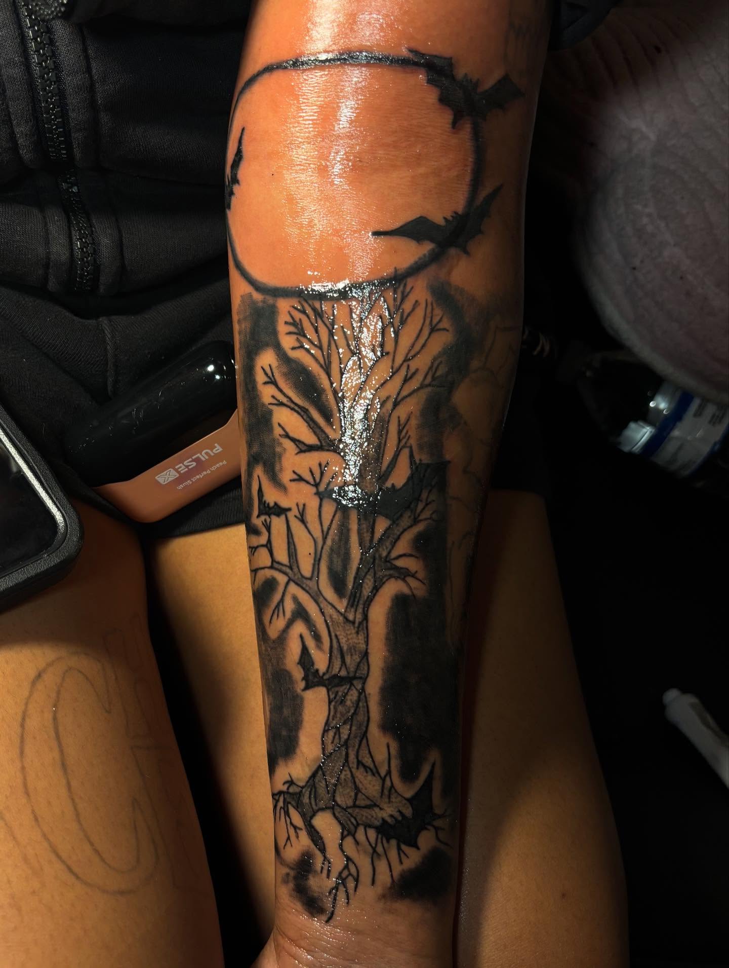 Tree black and grey tattoo on the forearm by Dm To Book ๐, Charlotte, North Carolina