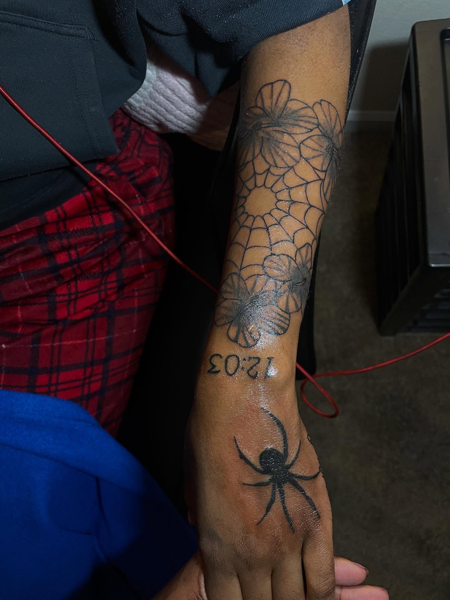 Spider web black and grey tattoo on the forearm by Dm To Book ๐, Charlotte, North Carolina