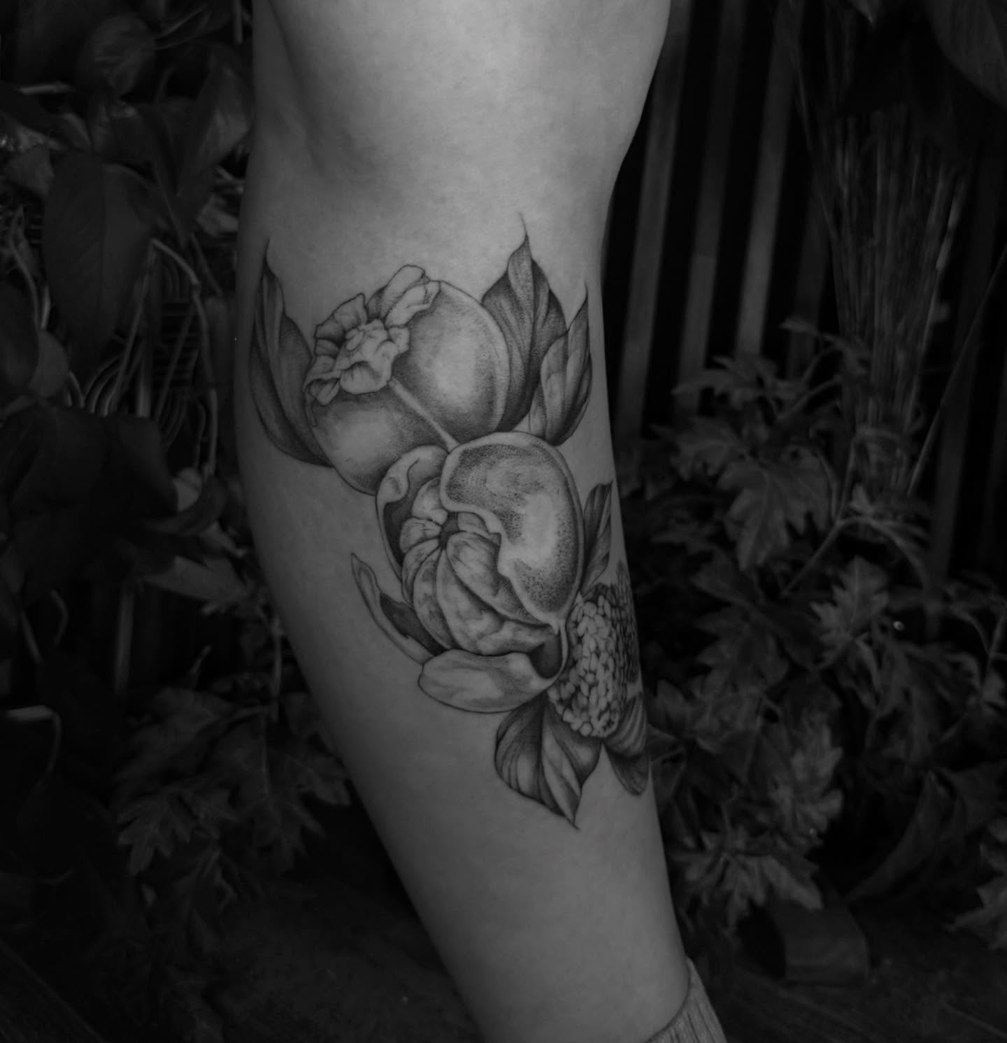 Peony flowers realism tattoo on the forearm by chloe🗡️🖤🦇🩸