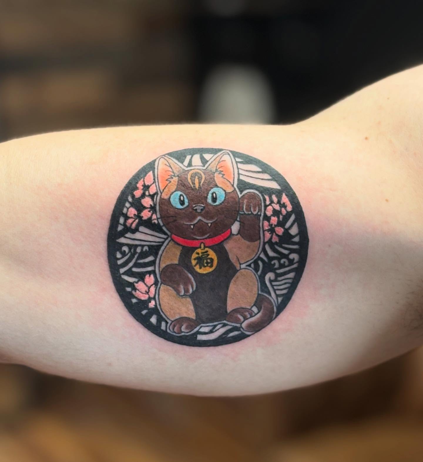 Lucky cat japanese irezumi tattoo on the forearm by MJ Saunders
