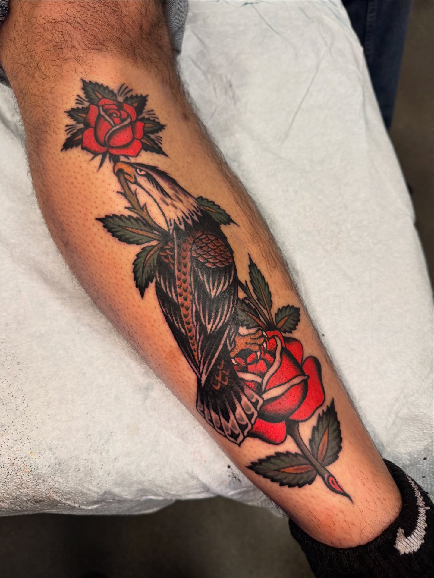 Bird and roses American traditional tattoo on the forearm by Pavel