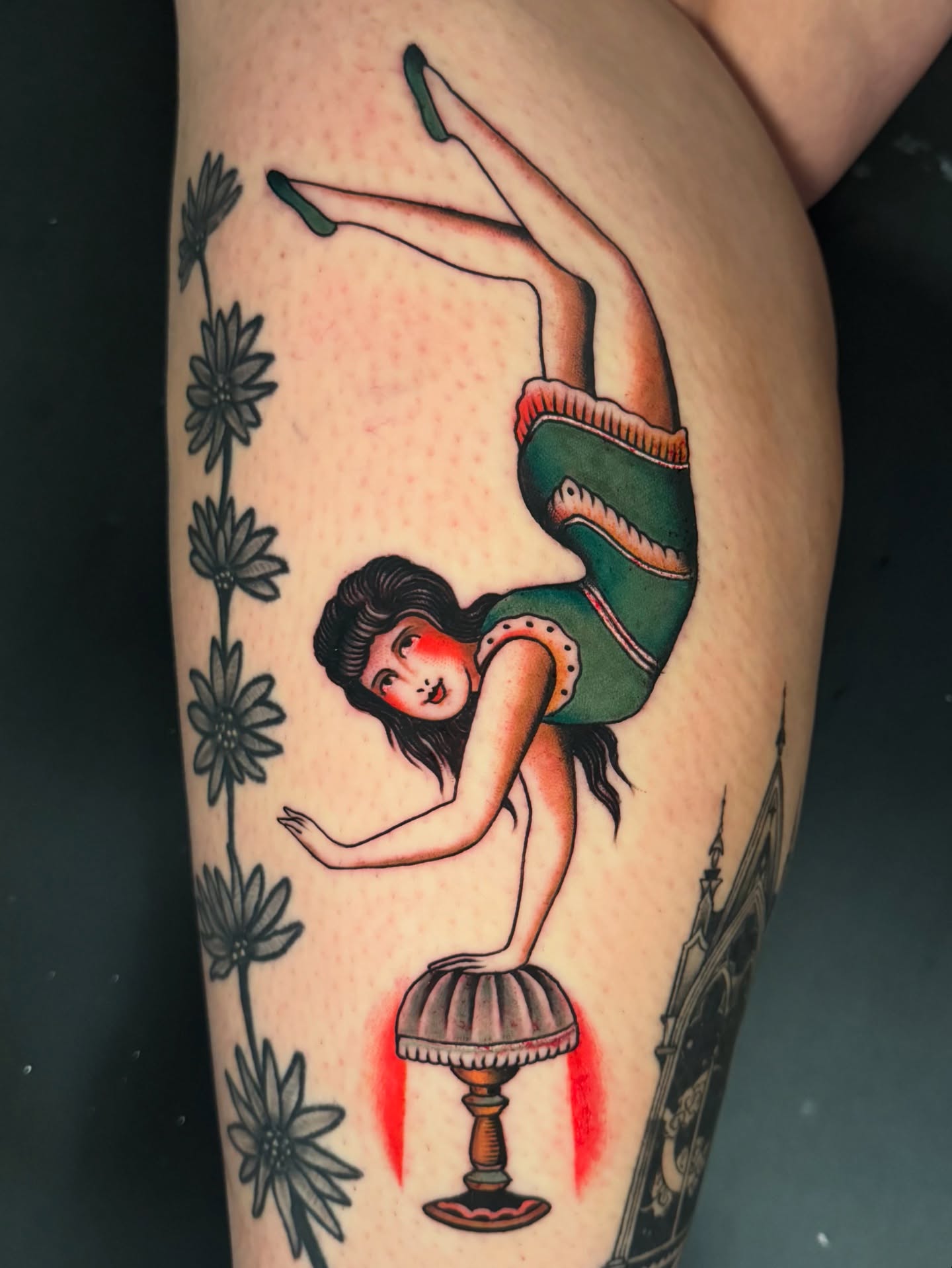 Acrobatic dancer American traditional tattoo on the thigh by Pavel