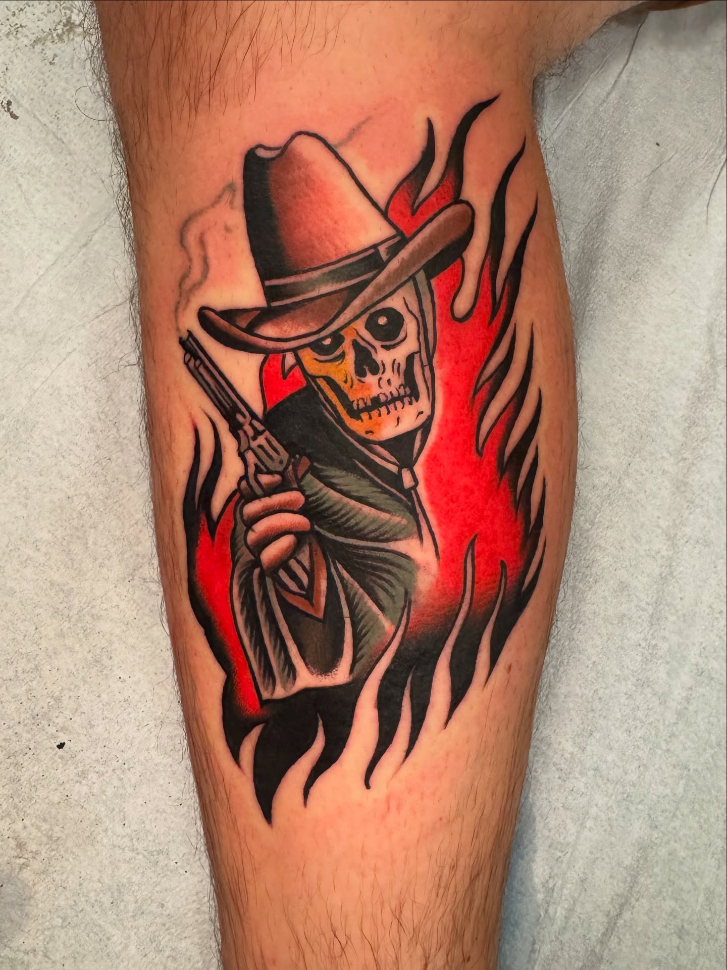 Cowboy skeleton American traditional tattoo on the forearm by Pavel