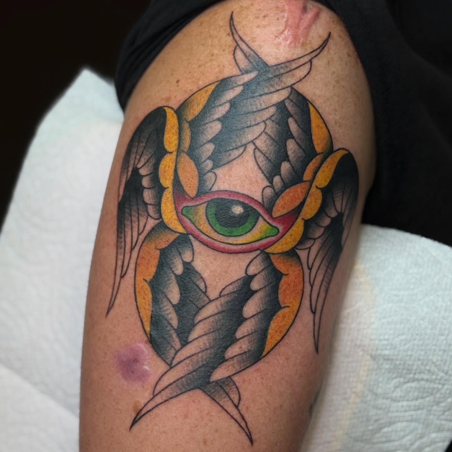 Owl American traditional tattoo on the shoulder by chloe jeanel estrada