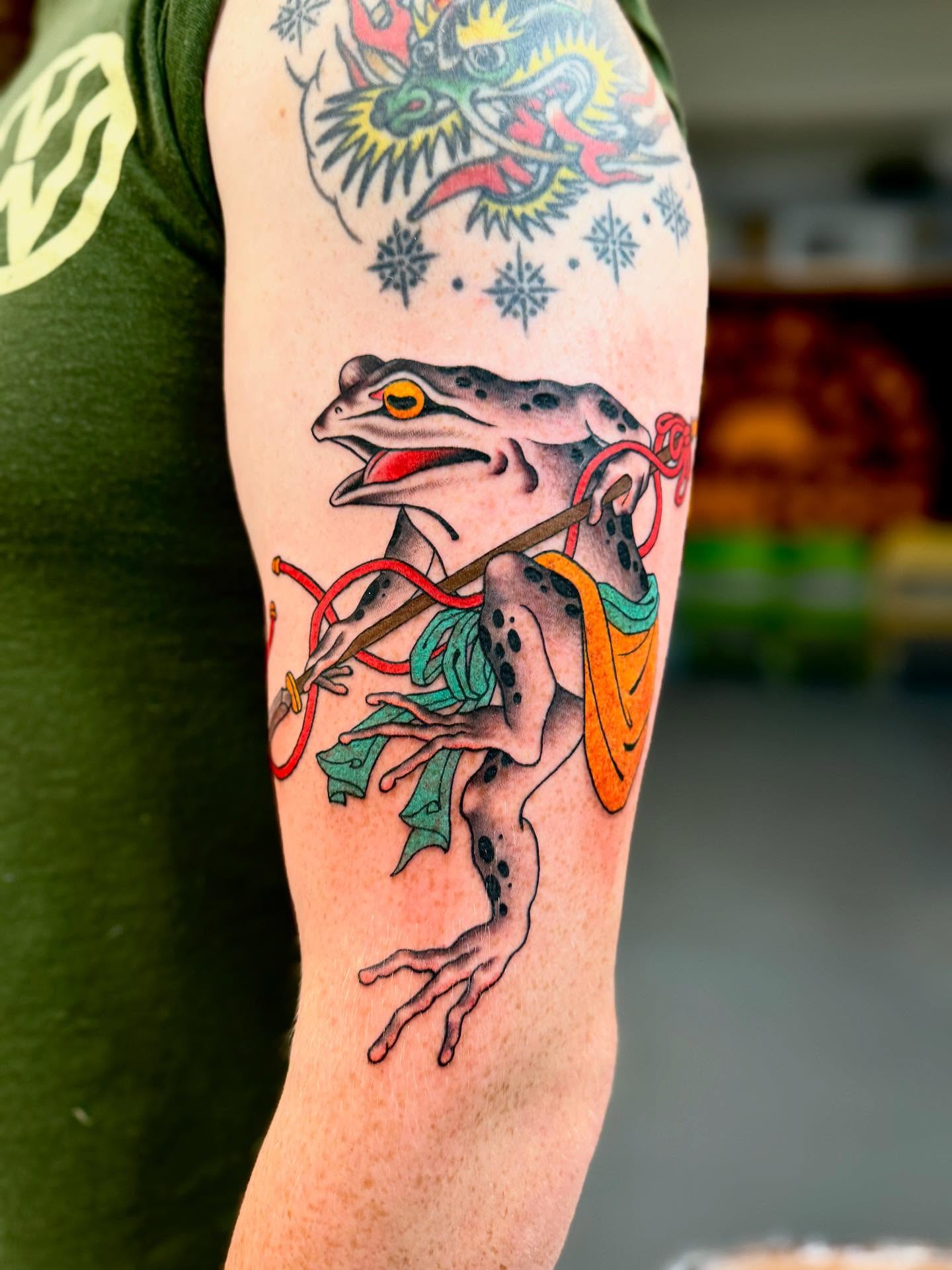Frog with staff American traditional tattoo on the forearm by Cole Pittman Memphis Tattoo artist, Memphis, Tennessee