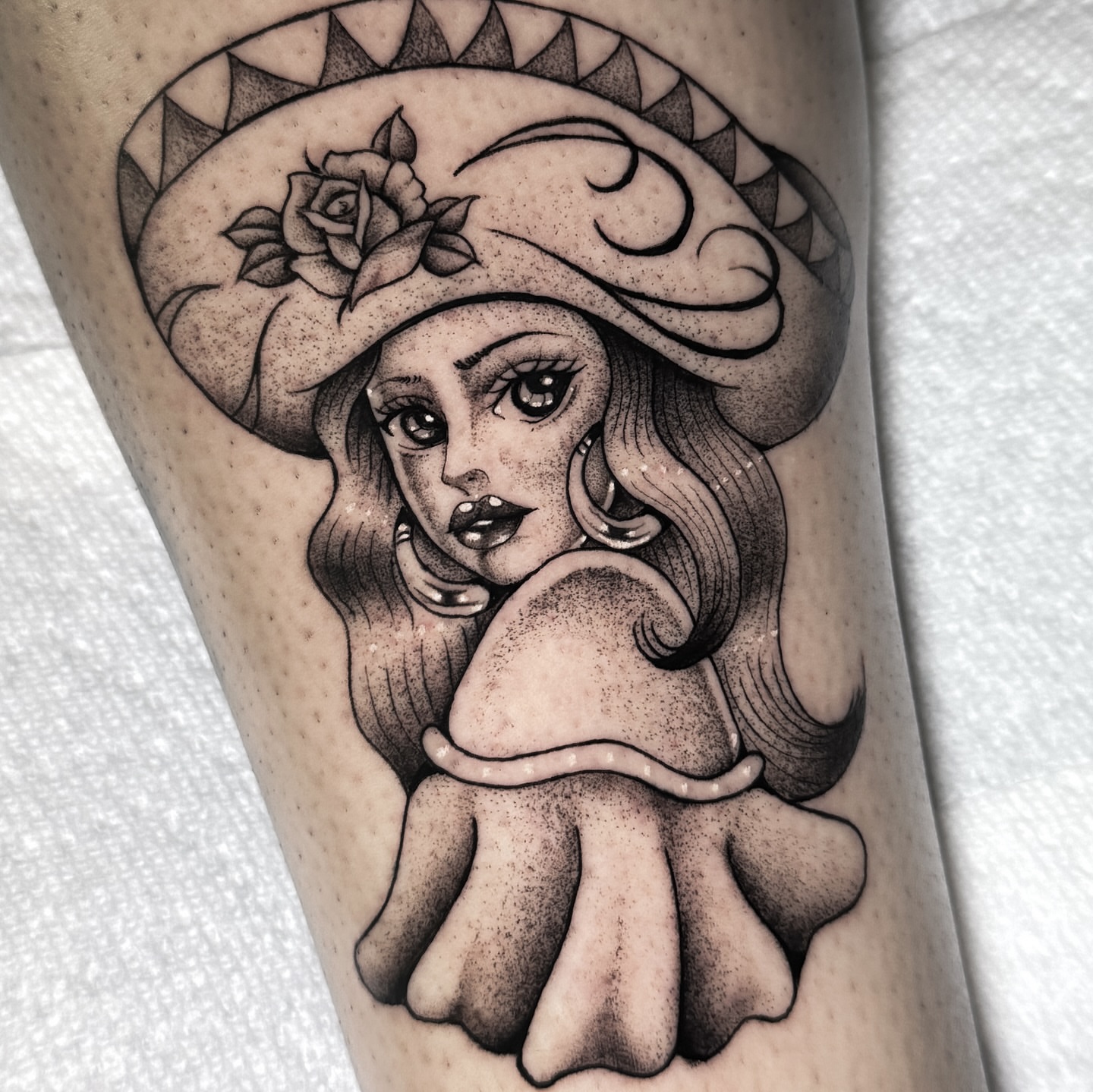 Woman wearing hat American traditional tattoo on the forearm by @sadfoo_tattoo, Austin, Texas