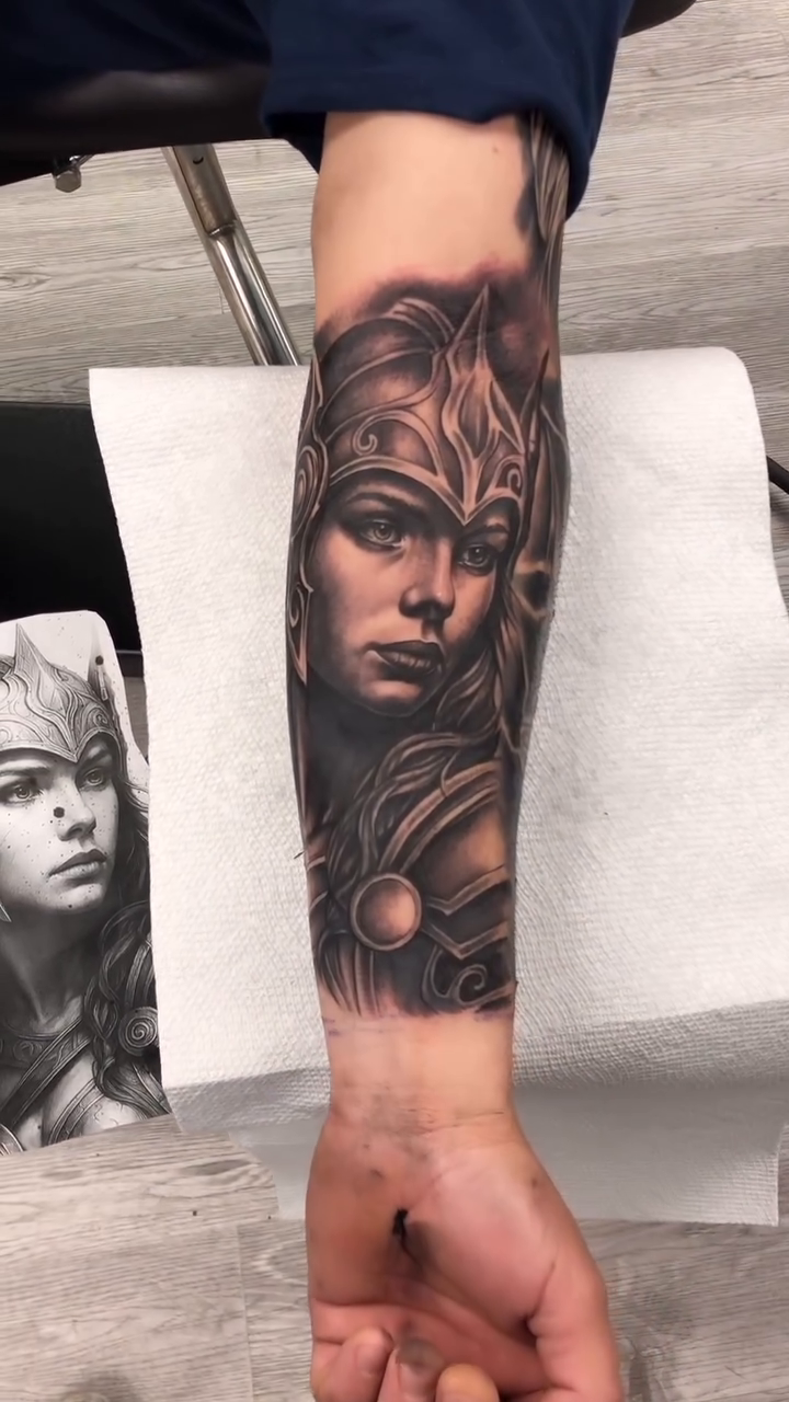 Woman warrior portrait realism tattoo by Danny Rodriguez