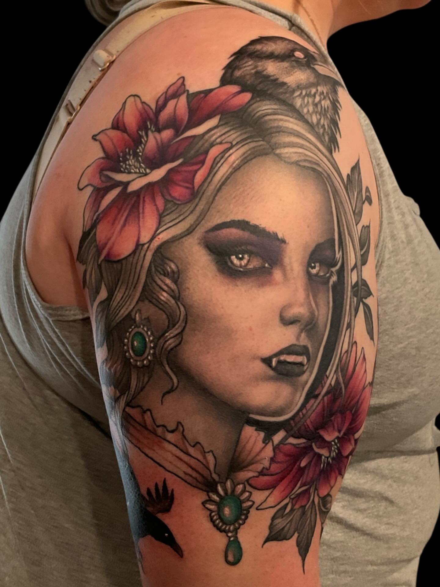 Vampire woman realism tattoo on the shoulder by Brennan Walker, Orem, Utah