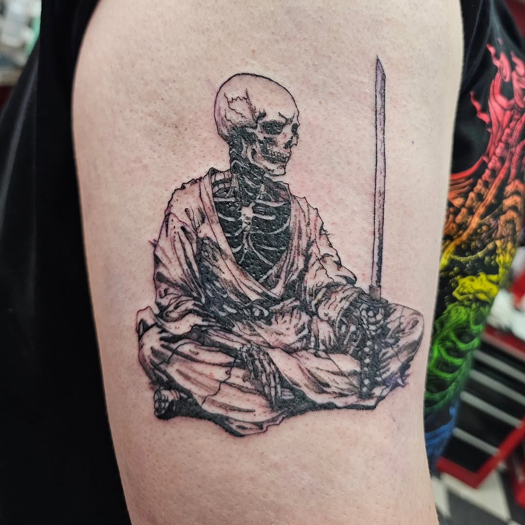 Skeleton meditating with sword realism tattoo on the thigh by Ari 💠🧜‍♂️🐟🎨🦑🐚💠