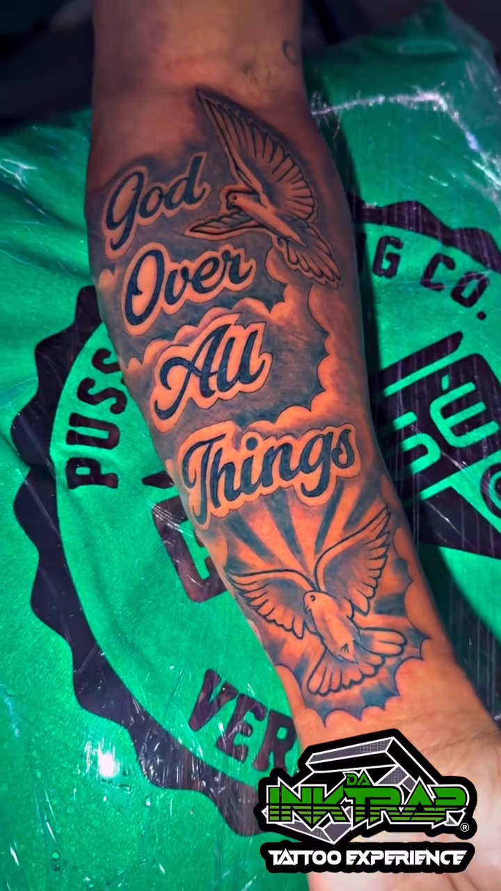 God Over All Things lettering script tattoo by Atlanta Tattoo Artist βπ½