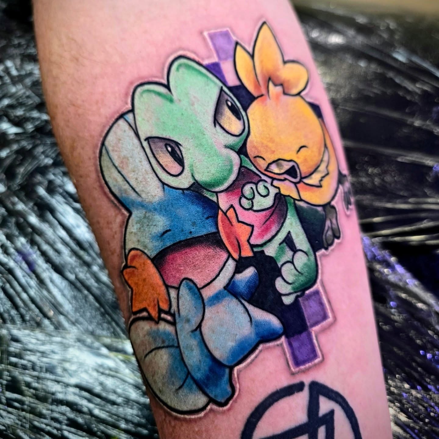 Two chibi characters dotwork tattoo on the forearm by Michael Latendresse
