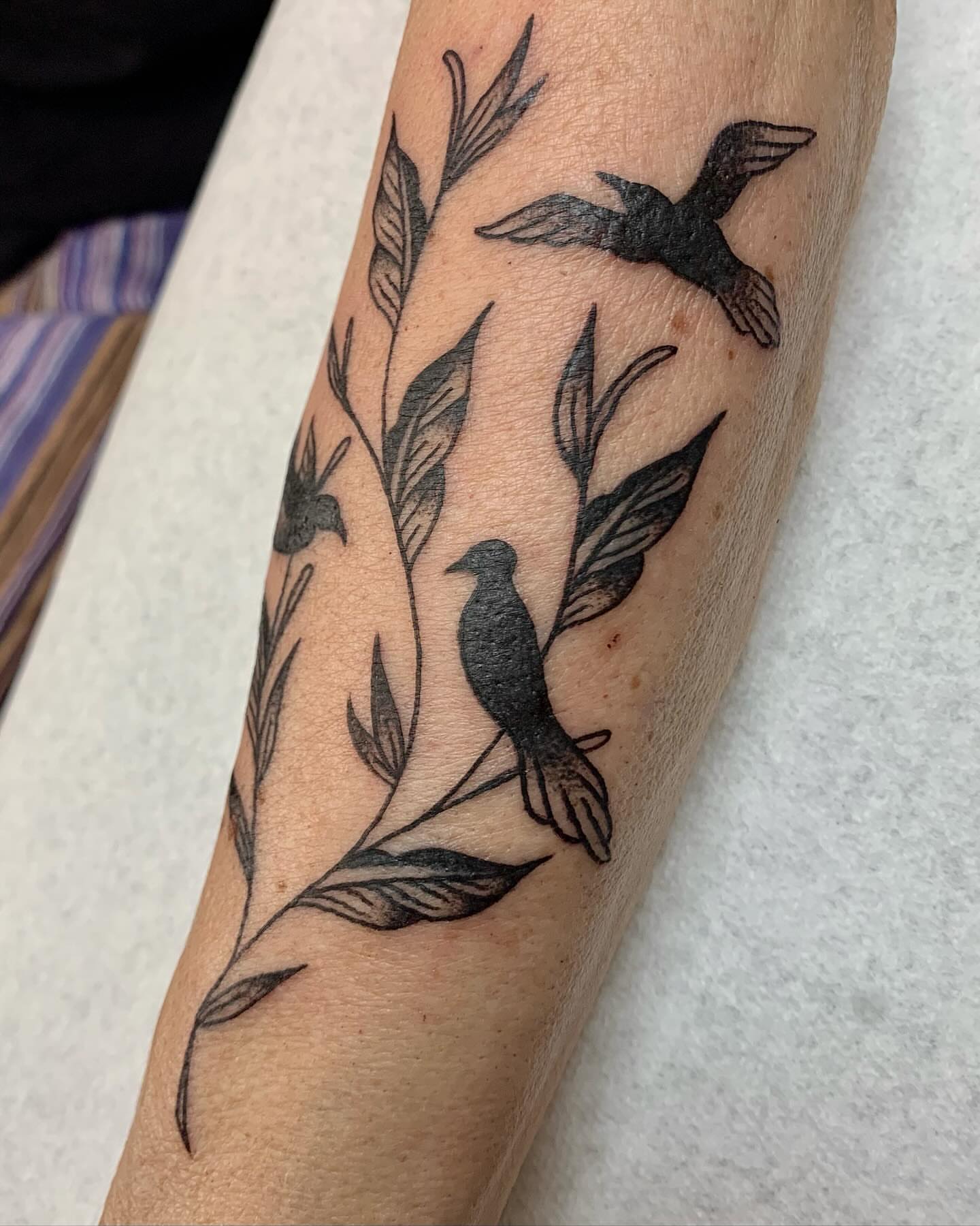 Birds and leaves black and grey tattoo on the forearm by jay