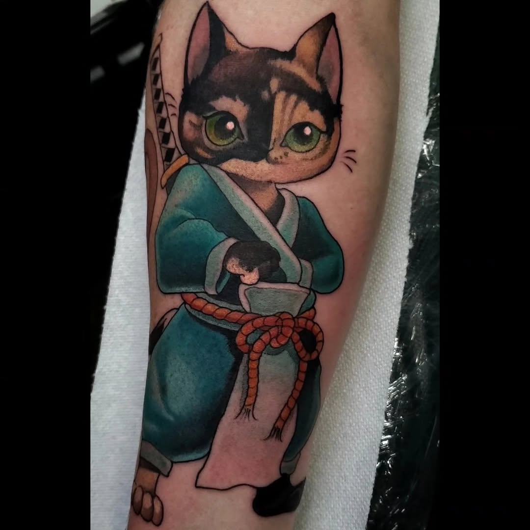 Samurai cat realism tattoo on the forearm by ๐ Kat Pullen ๐