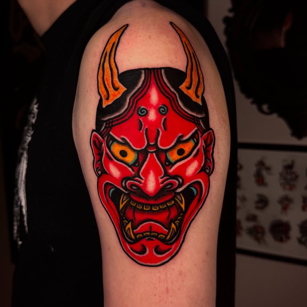 Oni mask Japanese tattoo on the shoulder by Mika